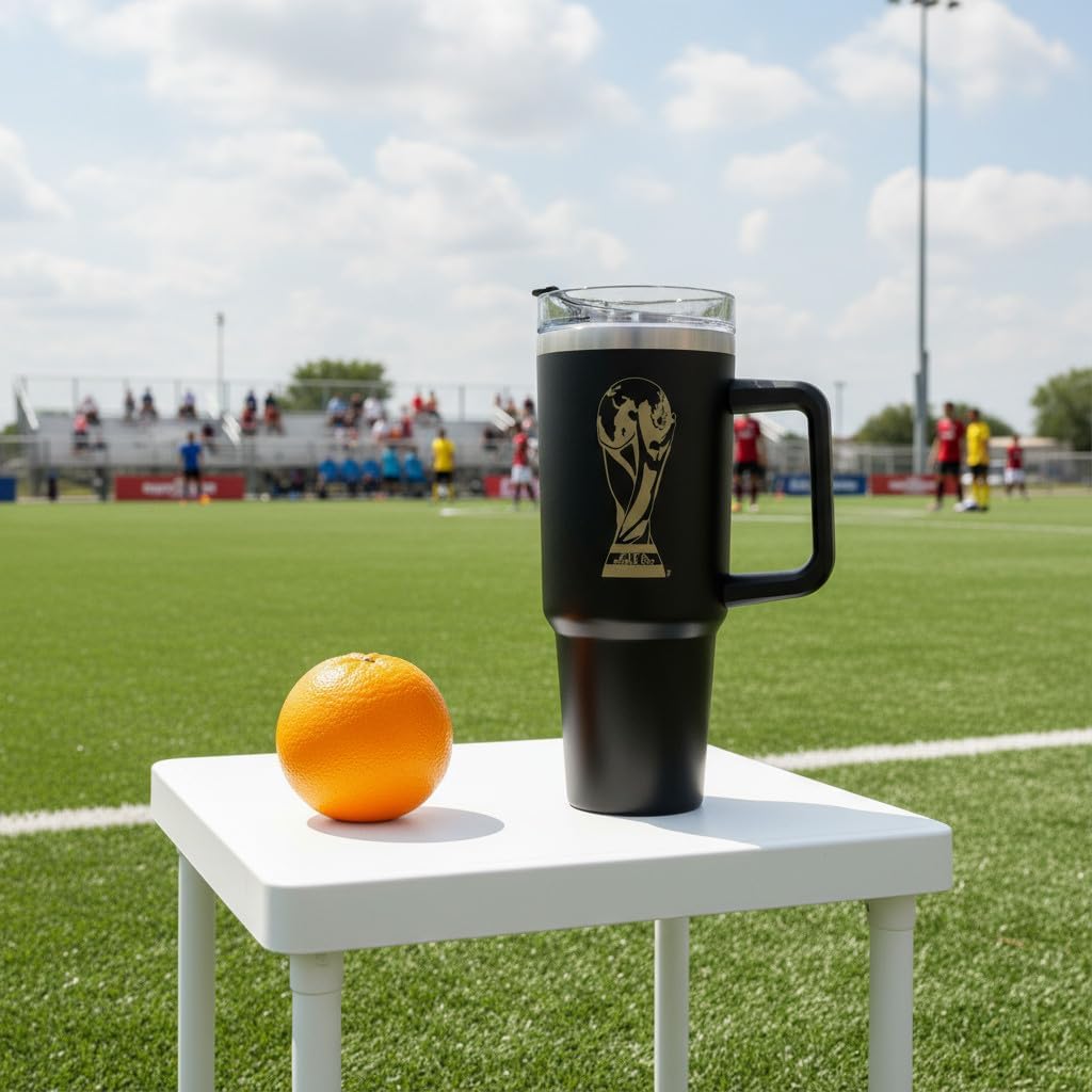 Copa Mundial Oficial de la FIFA Edición 2026 – Vaso doble aislado de 30 onzas con asa y popote – Acero inoxidable de alta calidad – Lavar a mano – Mantiene las bebidas calientes 12 horas/frías 24 horas – Negro