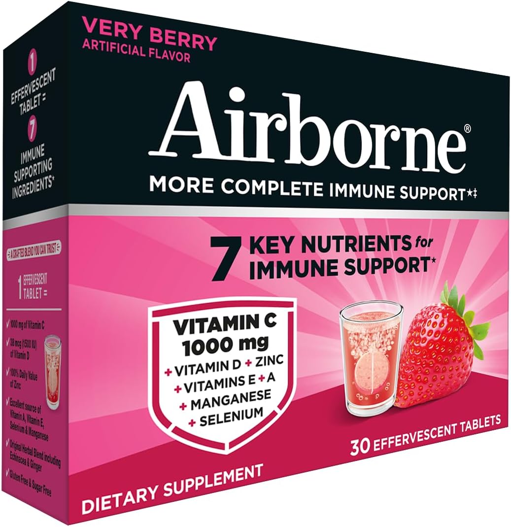 Airborne Variety Pack 1000mg Vitamin C with Vitamin D & Zinc, Sugar Free Multivitamin Immune Support Supplement, Antioxidants Vitamins A C & Vitamin E, 30 Effervescent Tablets, Citrus + Verry Berry