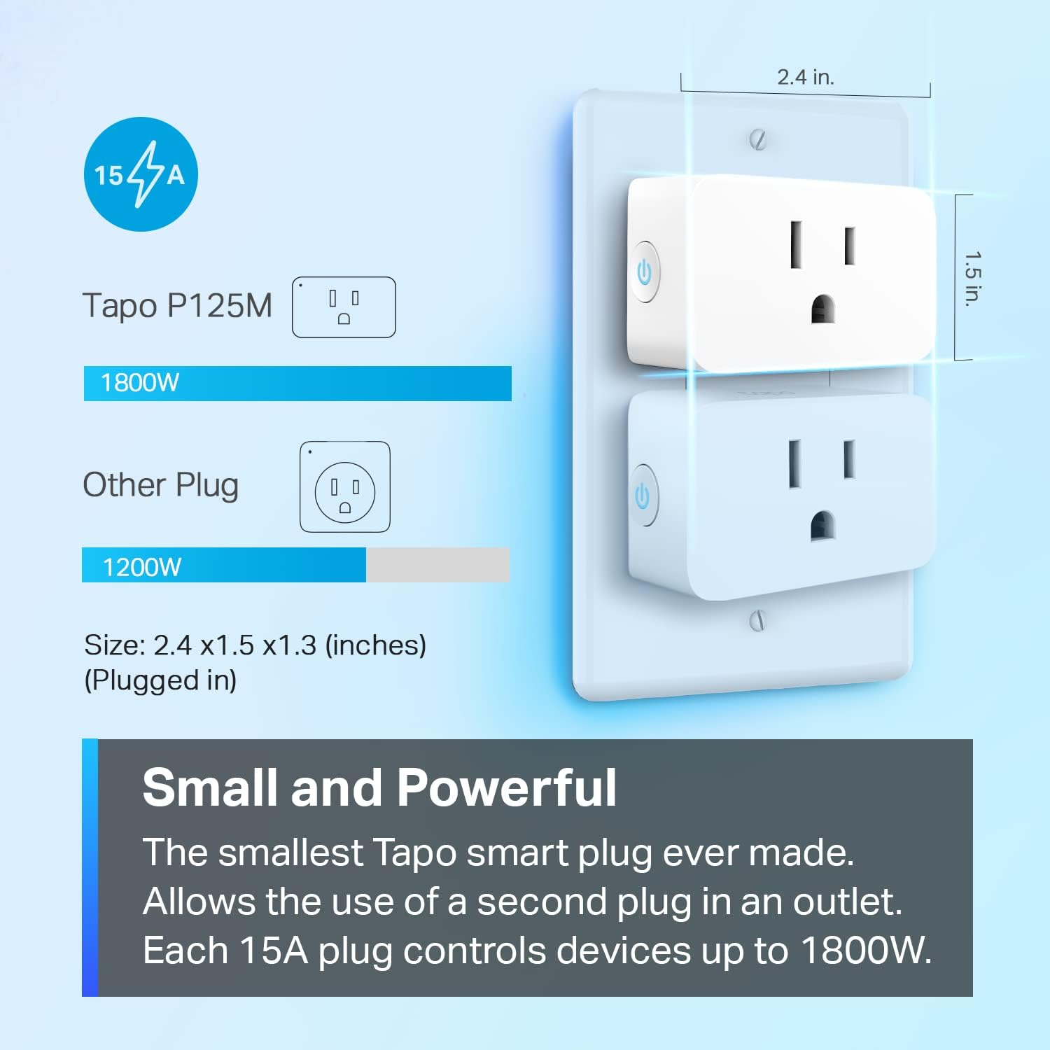 TP-Link Tapo Enchufe Inteligente Mini Compatible con Matter, Diseño Compacto, 15A/1800W Máx., Configuración Súper Fácil, Funciona con Apple Home, Alexa y Google Home, Certificado UL, Solo Wi-Fi 2.4G