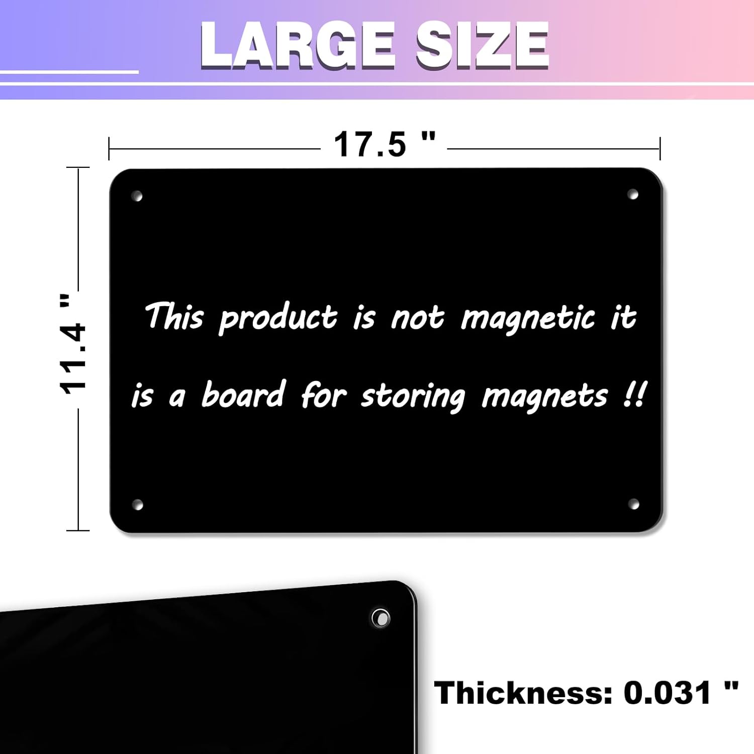 Pizarra magnética negra, tablero de anuncios magnético de 17.5" x 11.4" para mostrar notas magnéticas, poesía, fotos, adecuado para pared, refrigerador, gabinete, etc., viene con 4 piezas de cinta de