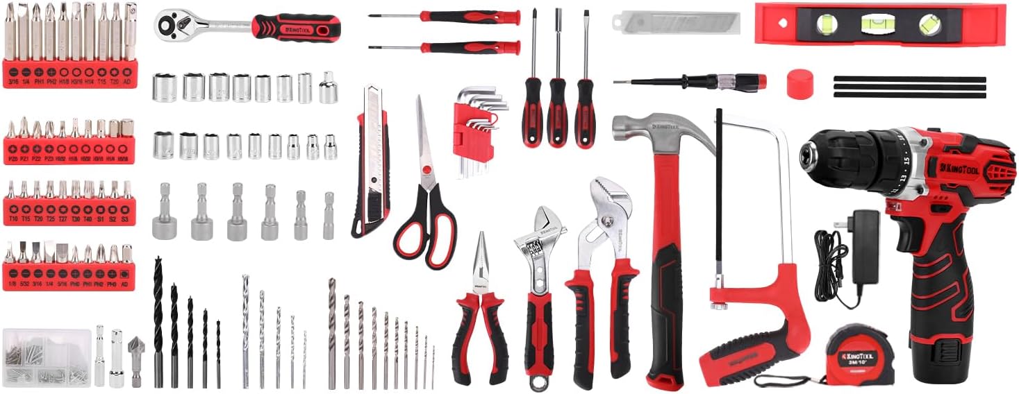 KingTool Juego de herramientas de 276 piezas – Kit de herramientas con taladro eléctrico inalámbrico de 12 V, caja de herramientas con cajón, juego de taladros perfecto para propietarios de viviendas, bricolaje, manitas