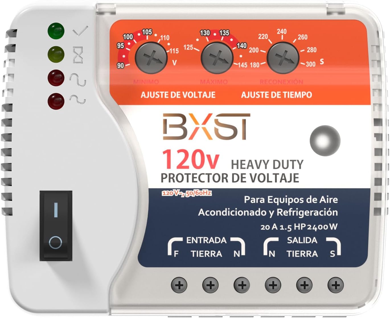 BXST Protector de sobretensión, regulador de voltaje de 20A, salida de protección contra sobretensiones de cableado resistente para refrigerador, TV, computadora y electrodomésticos, ajustable