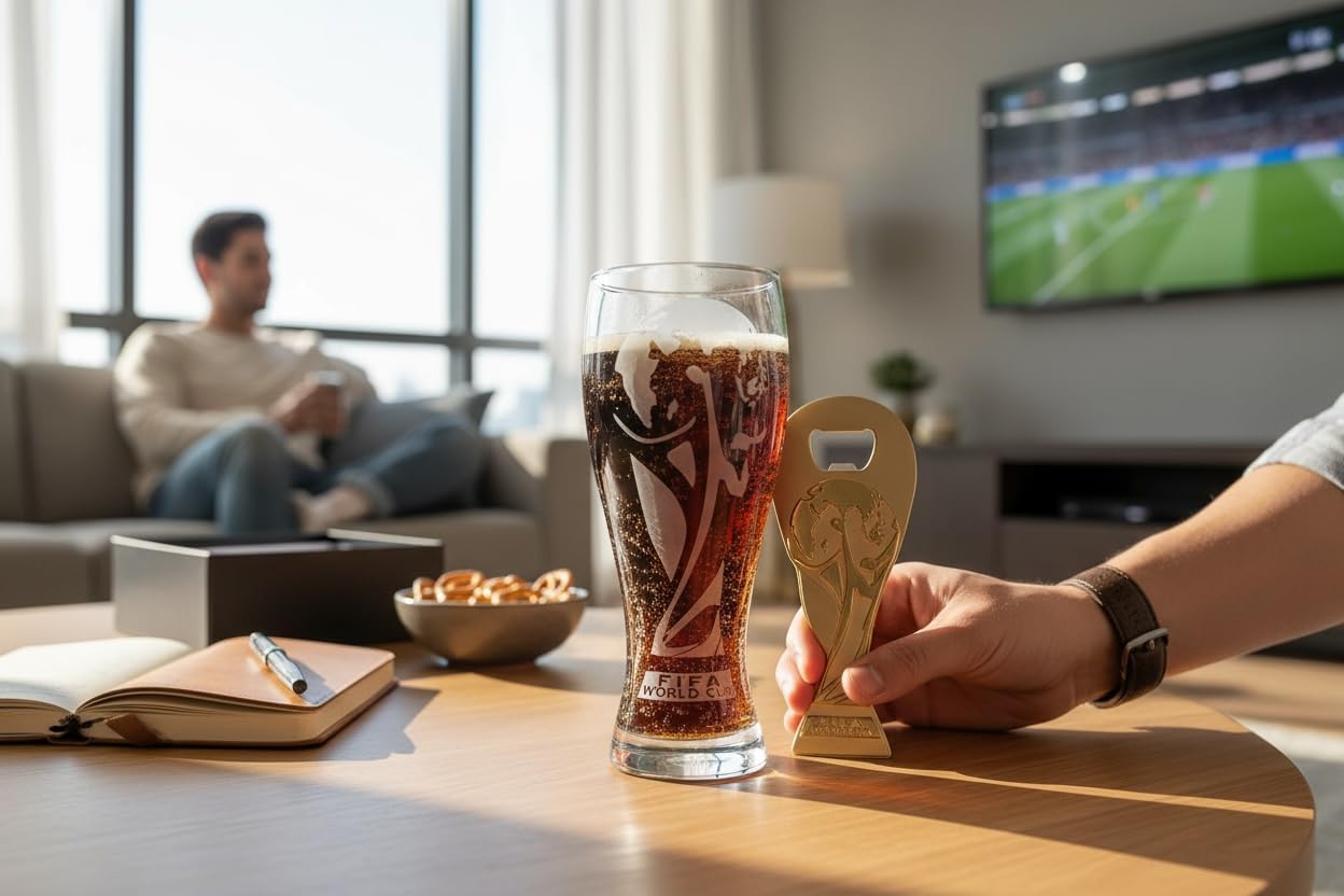 Edición oficial de la Copa Mundial de la FIFA 2026 – Vaso de cerveza Pilsner de 17 onzas y juego de regalo de abrebotellas de trofeo de 6 pulgadas – 1 de cada uno – Perfecto para fiestas, Mancaves