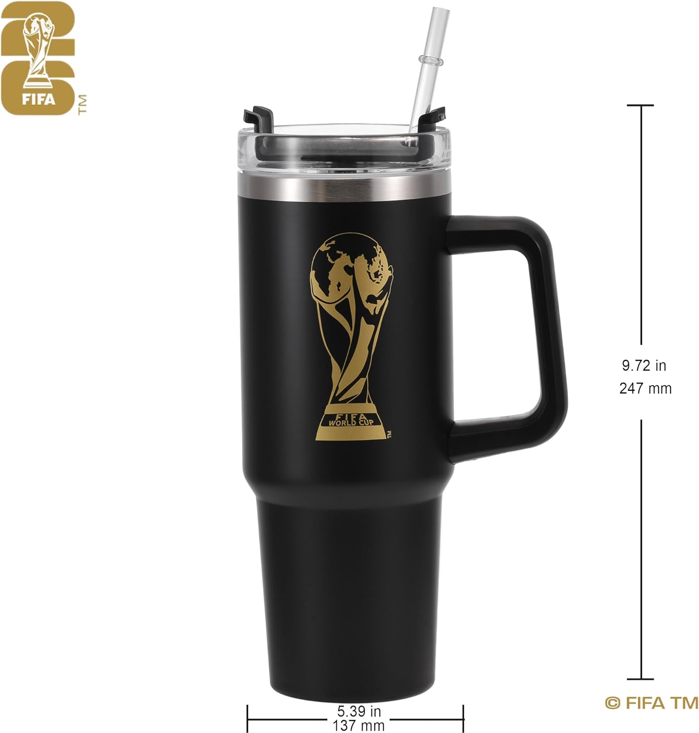 Copa Mundial Oficial de la FIFA Edición 2026 – Vaso doble aislado de 30 onzas con asa y popote – Acero inoxidable de alta calidad – Lavar a mano – Mantiene las bebidas calientes 12 horas/frías 24 horas – Negro