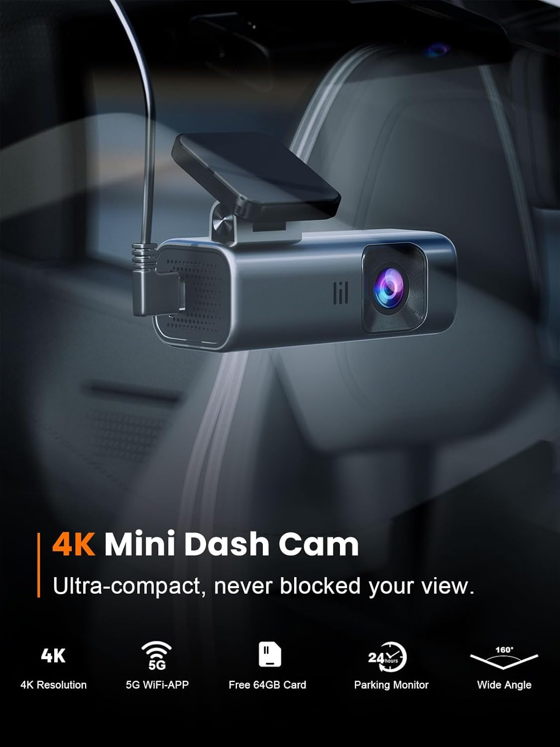 galphi Cámara frontal 4K, WiFi 5G integrado, tarjeta de 64 GB incluida, cámara de tablero para automóviles, mini cámara de tablero con visión súper nocturna, grabación en bucle, sensor G, monitor de