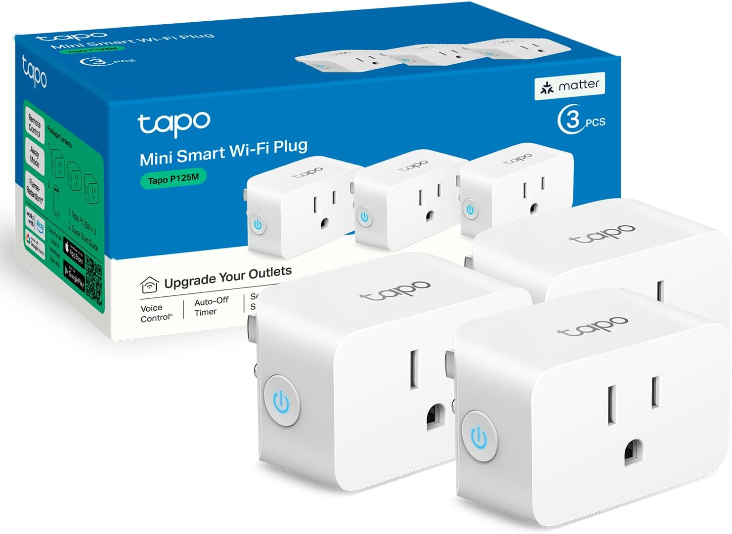 TP-Link Tapo Enchufe Inteligente Mini Compatible con Matter, Diseño Compacto, 15A/1800W Máx., Configuración Súper Fácil, Funciona con Apple Home, Alexa y Google Home, Certificado UL, Solo Wi-Fi 2.4G