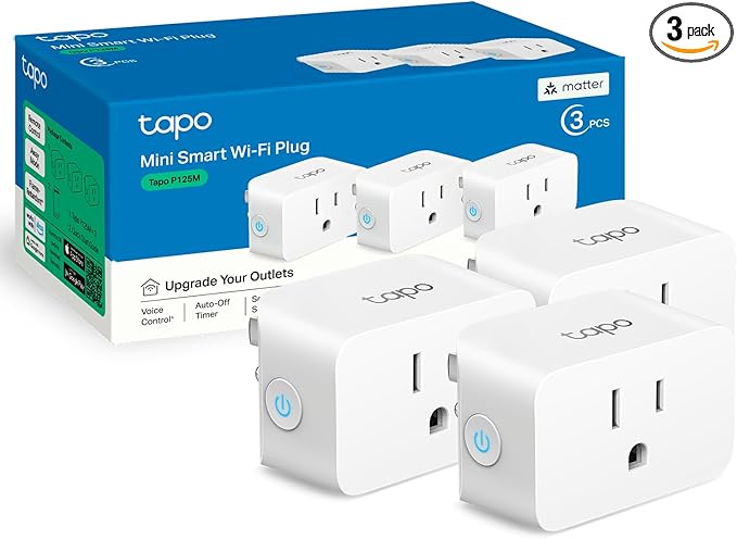 TP-Link Tapo Enchufe Inteligente Mini Compatible con Matter, Diseño Compacto, 15A/1800W Máx., Configuración Súper Fácil, Funciona con Apple Home, Alexa y Google Home, Certificado UL, Solo Wi-Fi 2.4G