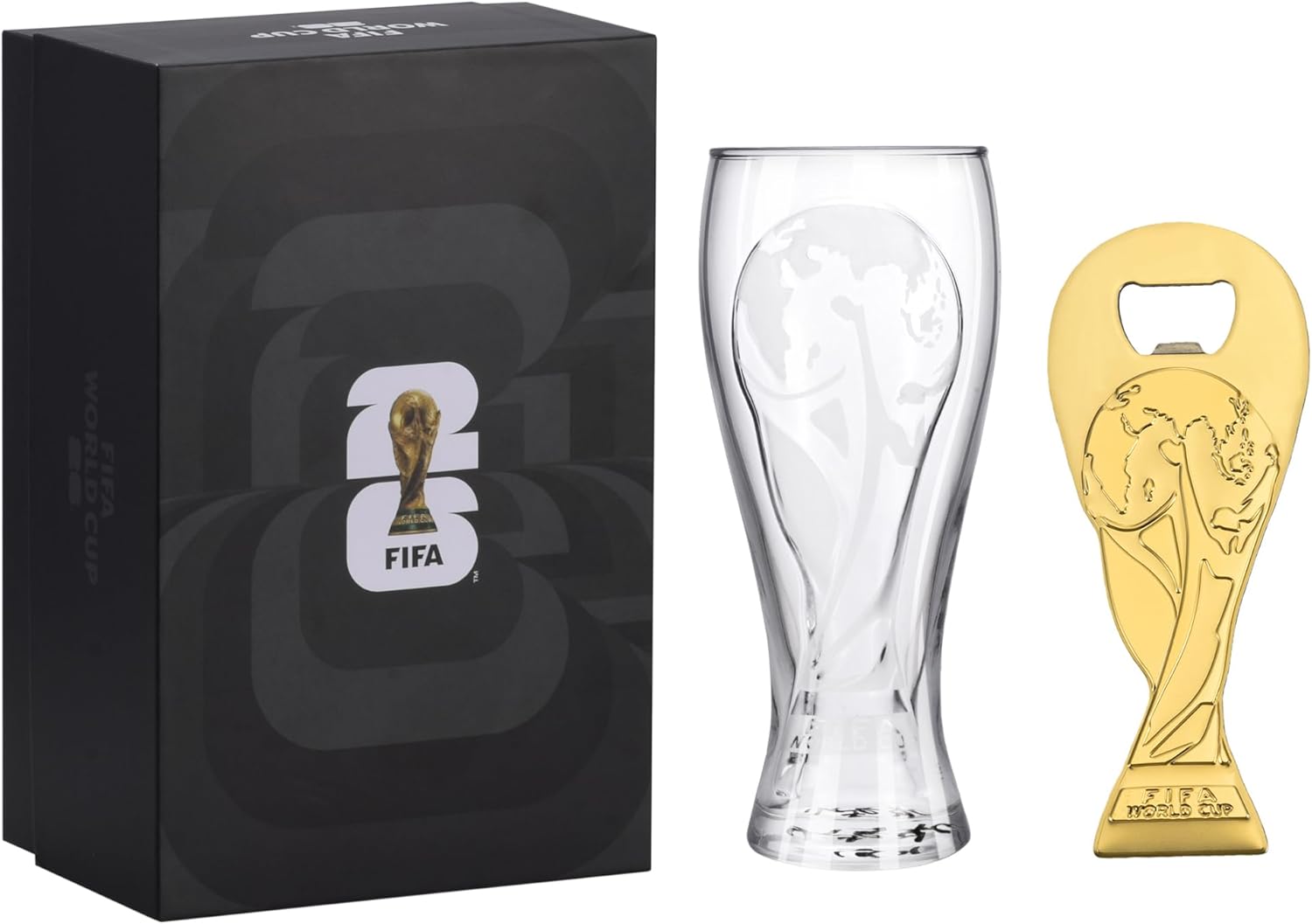 Edición oficial de la Copa Mundial de la FIFA 2026 – Vaso de cerveza Pilsner de 17 onzas y juego de regalo de abrebotellas de trofeo de 6 pulgadas – 1 de cada uno – Perfecto para fiestas, Mancaves