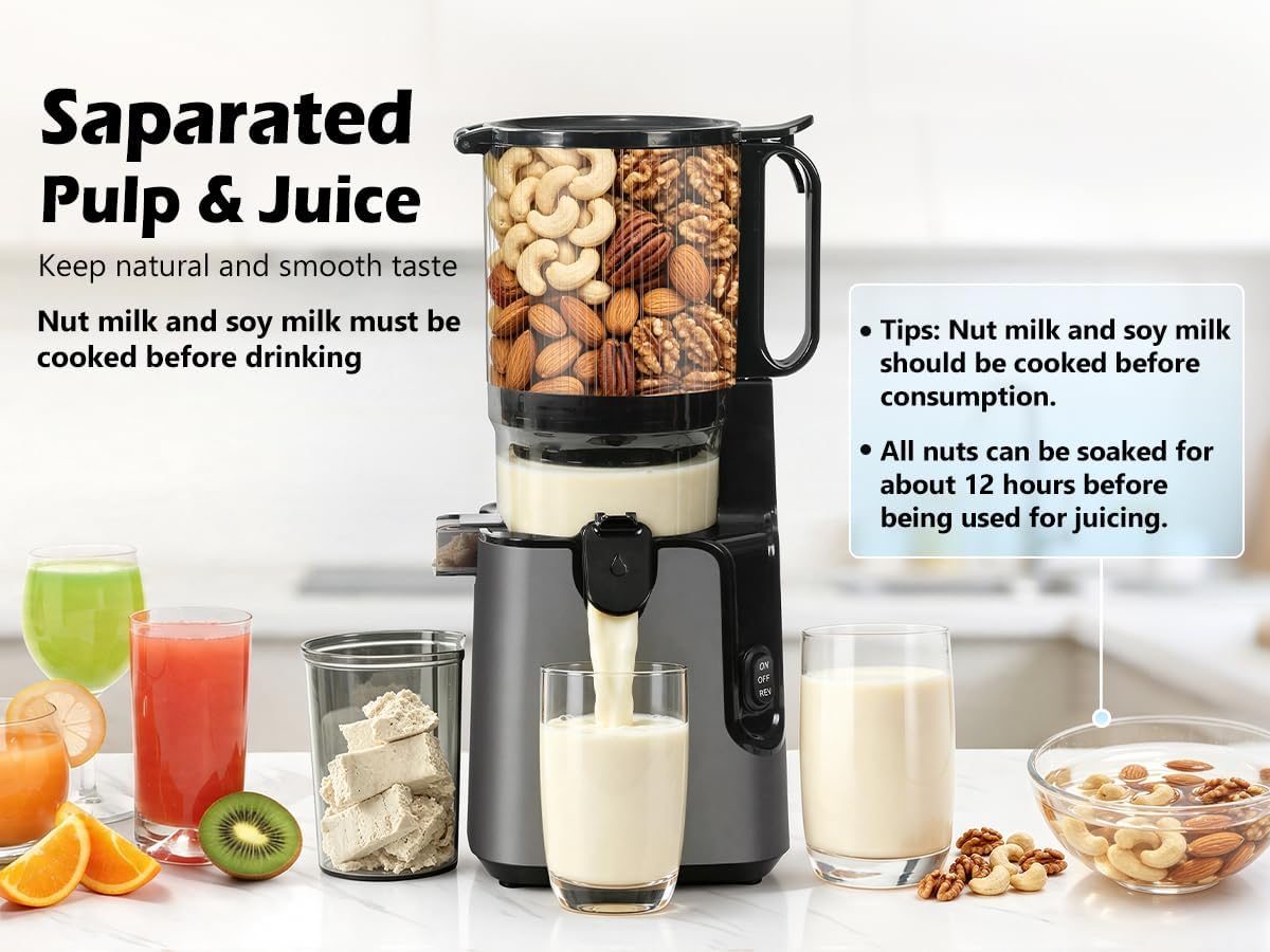 Máquinas exprimidoras con canal de alimentación grande de 5.8 pulgadas, exprimidor de prensa en frío para verduras y frutas enteras de 400 W, exprimidor de masticación lenta Máquina extractora de jugo