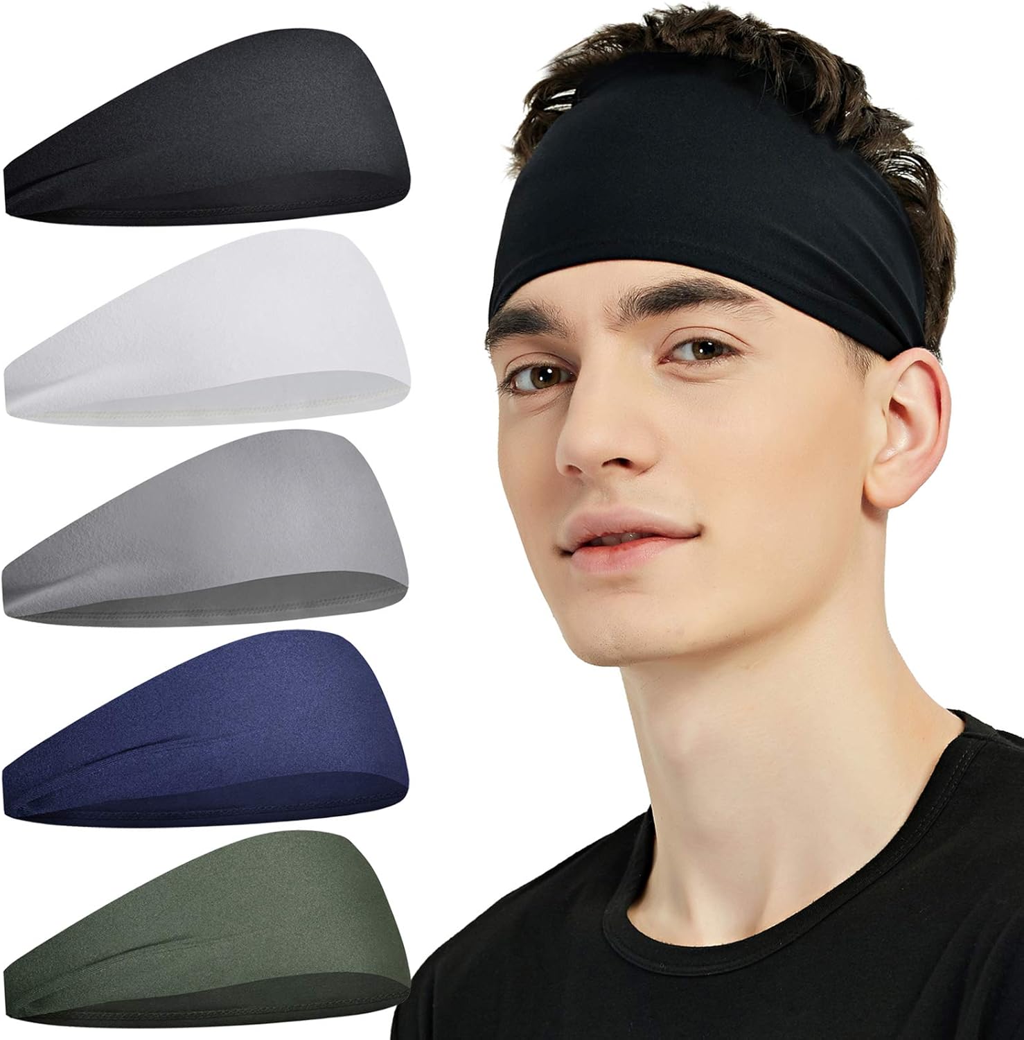 Pilamor Diademas deportivas para hombres (paquete de 5), diadema de entrenamiento que absorbe la humedad, diademas para correr, ciclismo, fútbol, yoga, banda para el cabello para mujeres y hombres