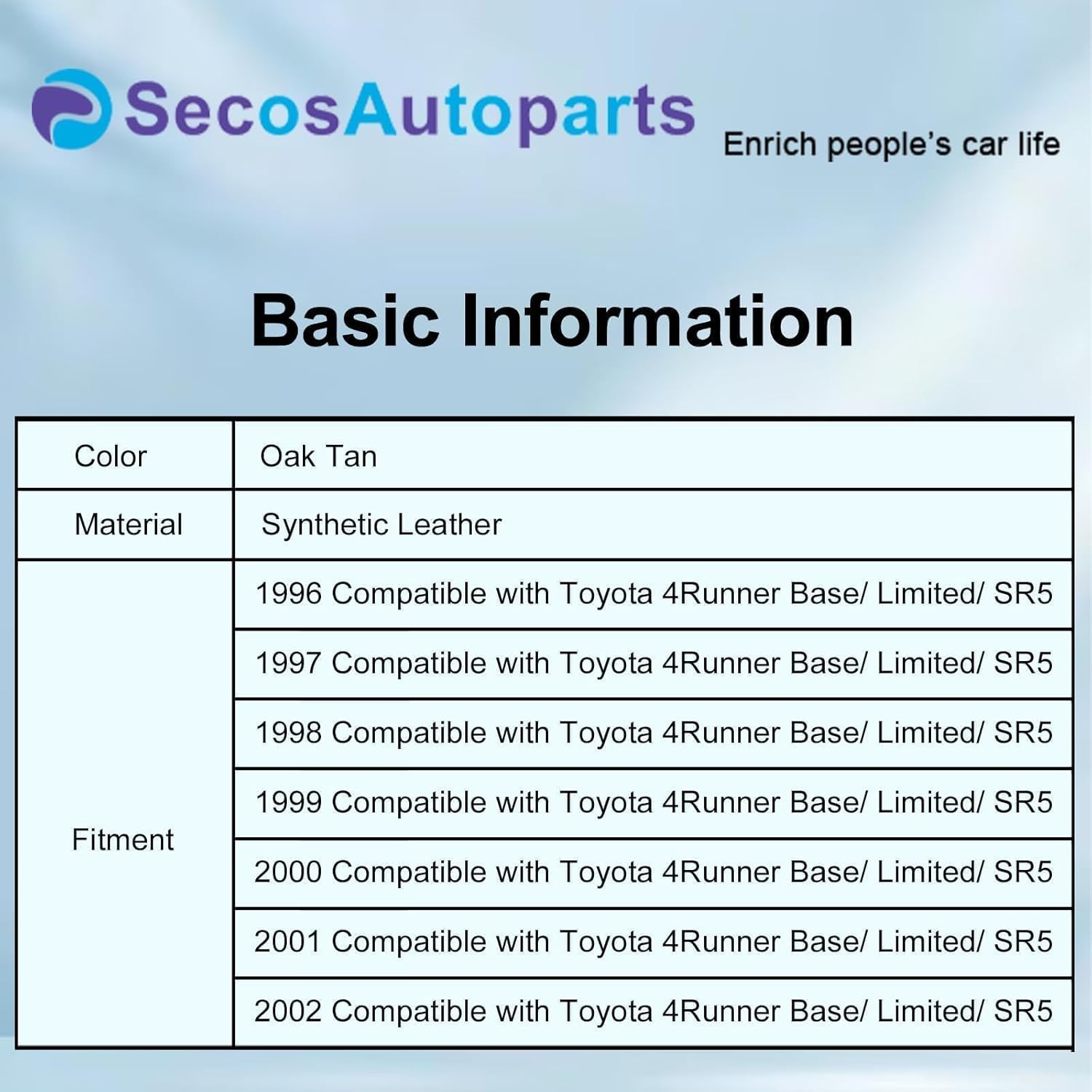 SecosAutoparts Oak Tan Front Driver or Passenger Side Bottom Leather Seat Cover Compatible with Toyota 4Runner 1996 1997 1998 2000 2001 2002