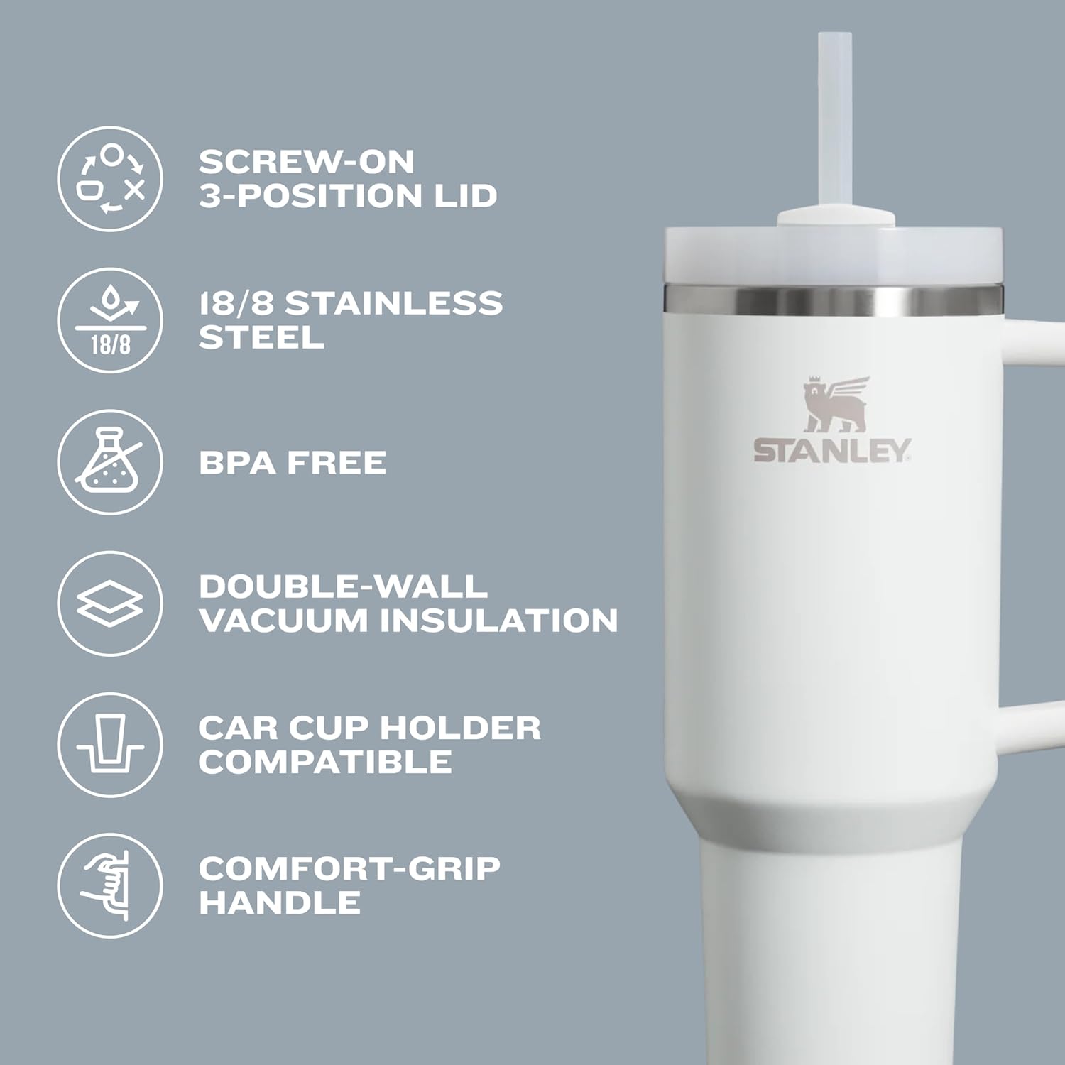 STANLEY Quencher H2.0 FlowState - Vaso térmico de acero inoxidable con aislamiento al vacío, vaso con tapa y pajita para agua, té o café helado, batido y más