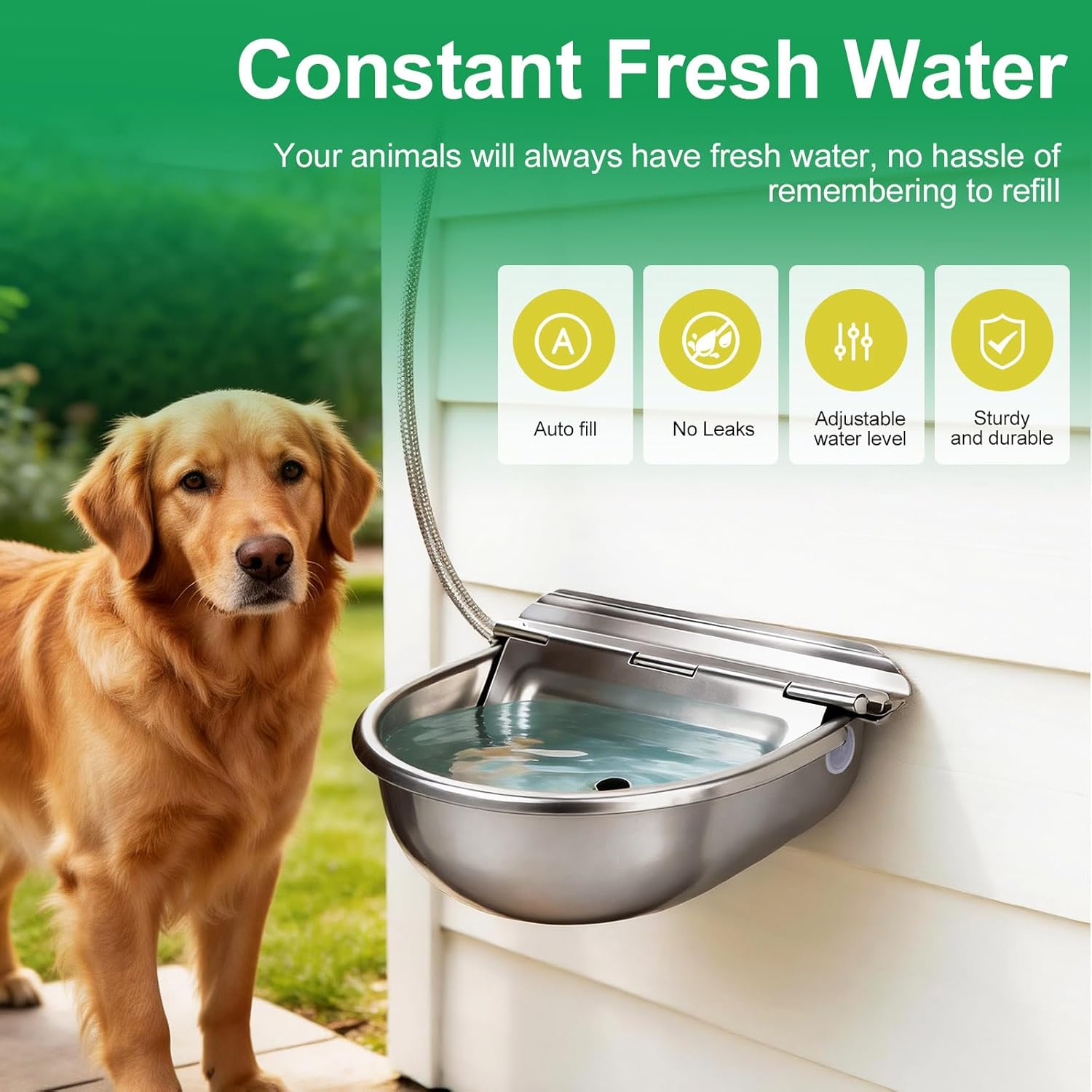 Dispensador automático de agua de metal para perros, bebedero de acero inoxidable resistente para exteriores, alimentador de agua para animales autolenado para perros y gatos con flotador y