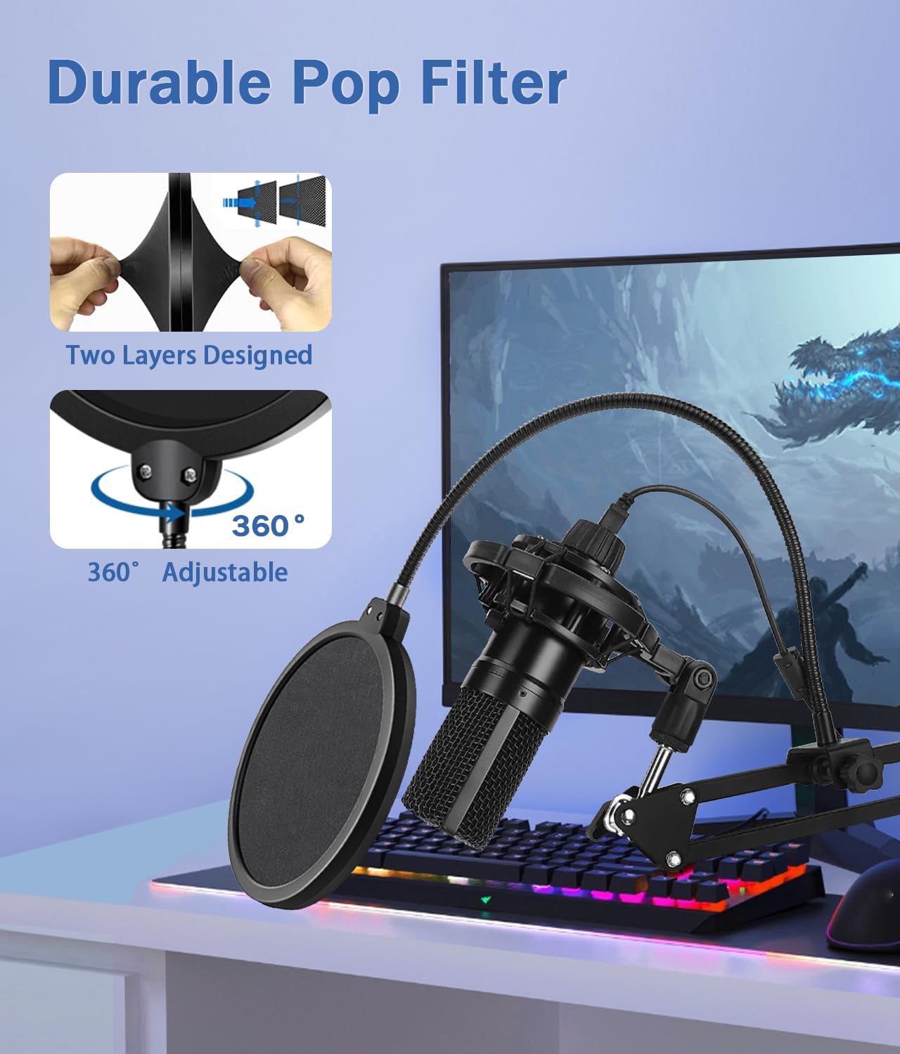 BILIONE Soporte de micrófono, soporte de brazo de micrófono para Blue Yeti QuadCast S SoloCast Snowball AM8 y otros micrófonos, con filtro pop montaje de choque clip para micrófono, bridas para cables