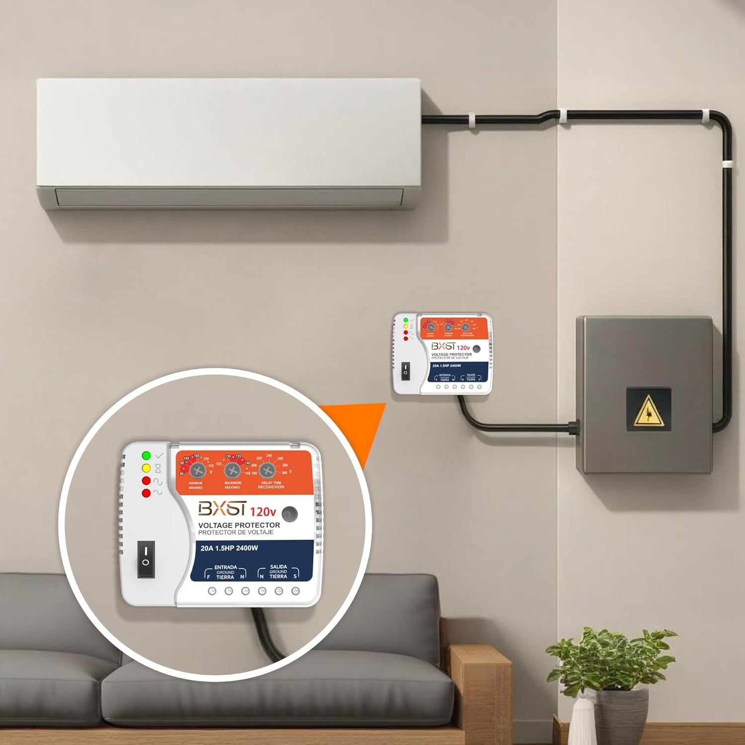 BXST Protector de sobretensión, regulador de voltaje de 20A, salida de protección contra sobretensiones de cableado resistente para refrigerador, TV, computadora y electrodomésticos, ajustable
