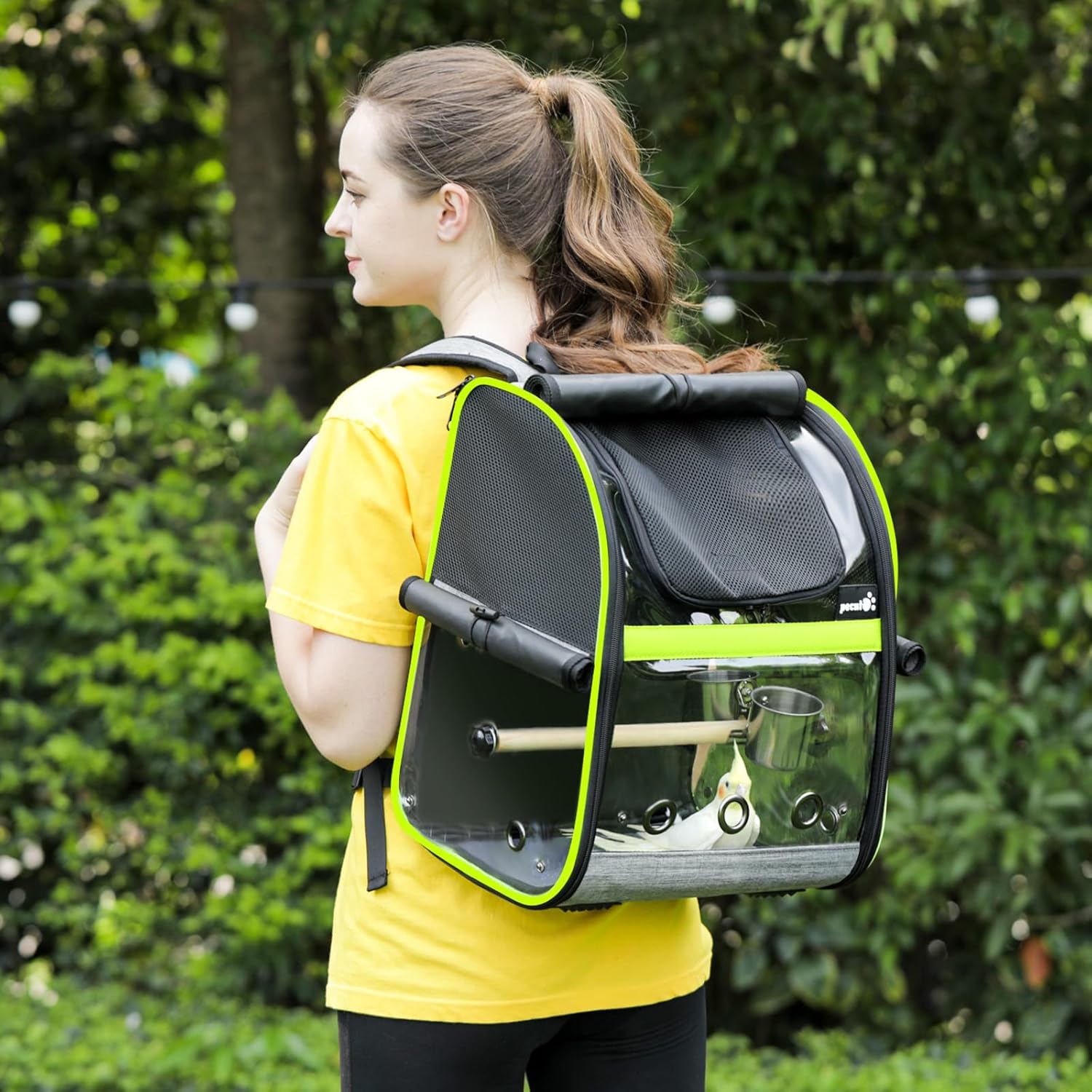 Pecute Mochila transportadora de pájaros, mochila de pájaros loros con ventana visible, percha de pie de altura ajustable, latas de alimentación, almohadillas impermeables, jaula de viaje plegable ligera para pájaros para senderismo, campamento