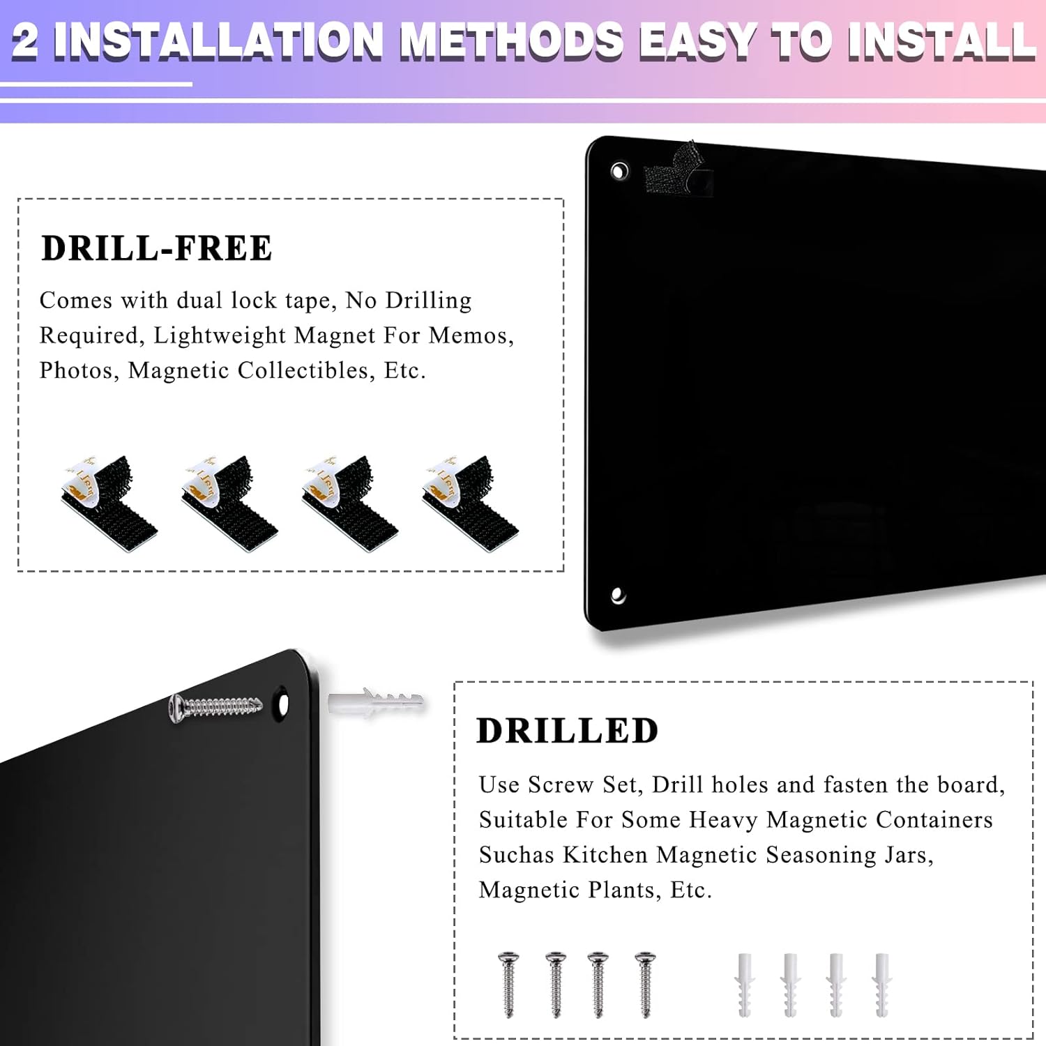 Pizarra magnética negra, tablero de anuncios magnético de 17.5" x 11.4" para mostrar notas magnéticas, poesía, fotos, adecuado para pared, refrigerador, gabinete, etc., viene con 4 piezas de cinta de