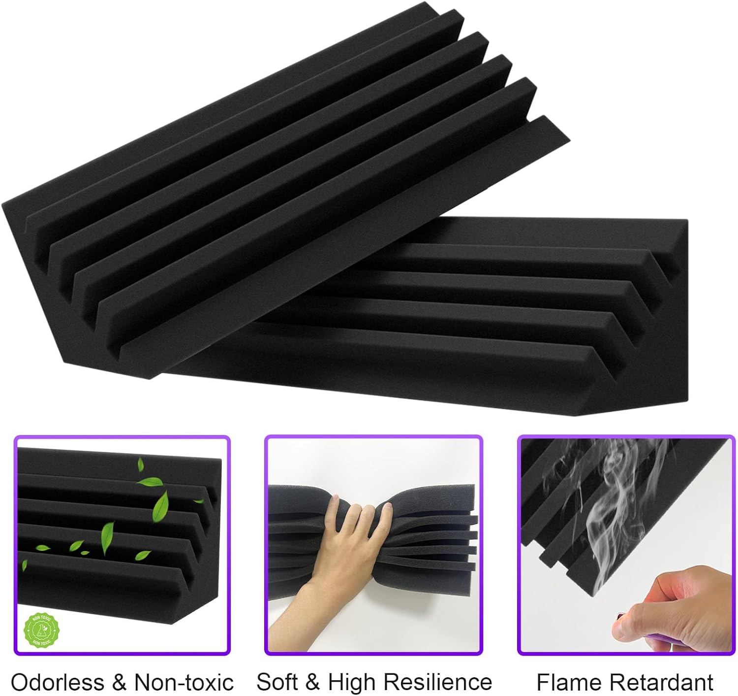 TroyStudio Bass Traps - 12 Pcs 4 X 4 X 12 Inches Dense Thick Studio Bass Foam Corner, Acoustic Treatment Panel Absorbing Echo Reverb, Low Frequency Sound Absorber for Music Room Home Recording Studio