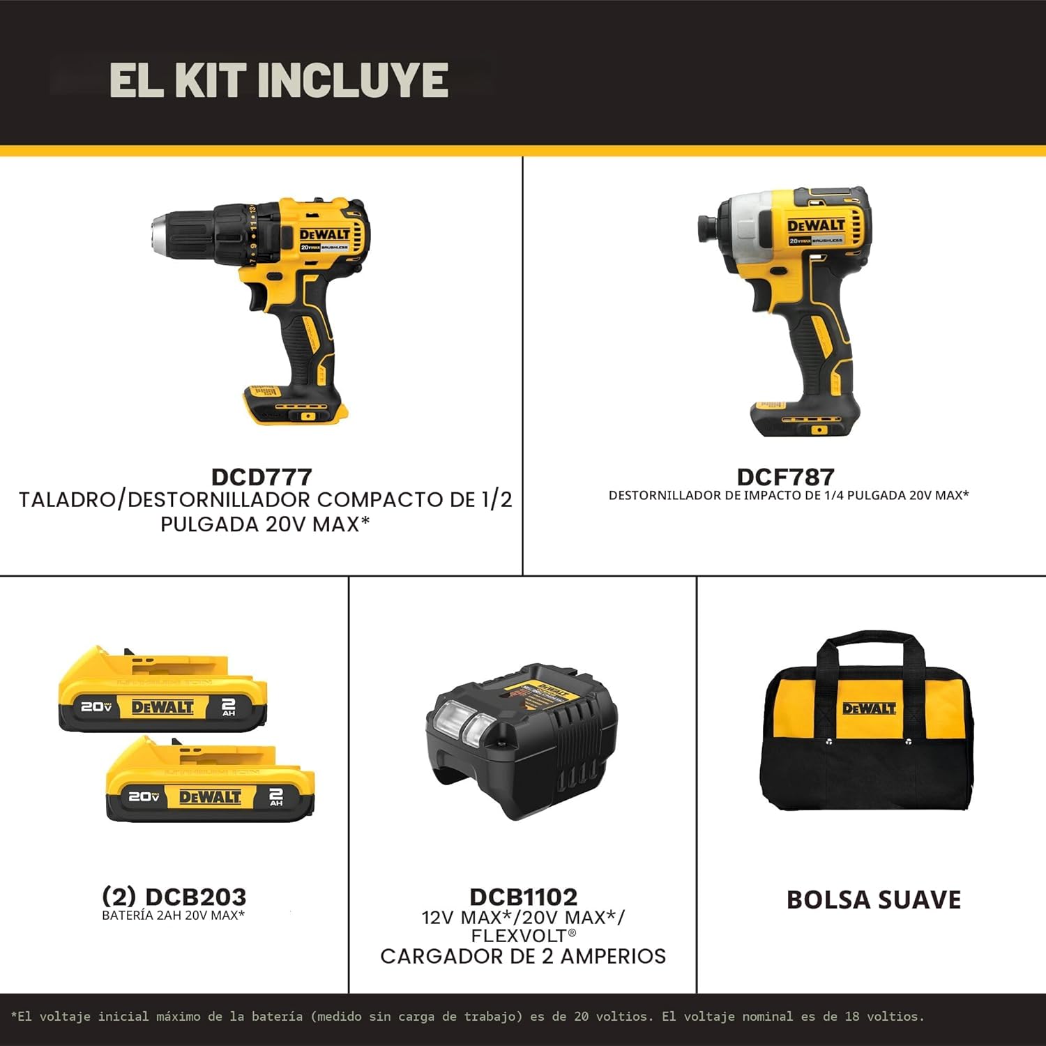 DEWALT Taladro inalámbrico de 20 V MAX y destornillador de impacto, taladro eléctrico sin escobillas, kit combinado de herramientas eléctricas de 2 herramientas, incluye 2 baterías, cargador y bolsa