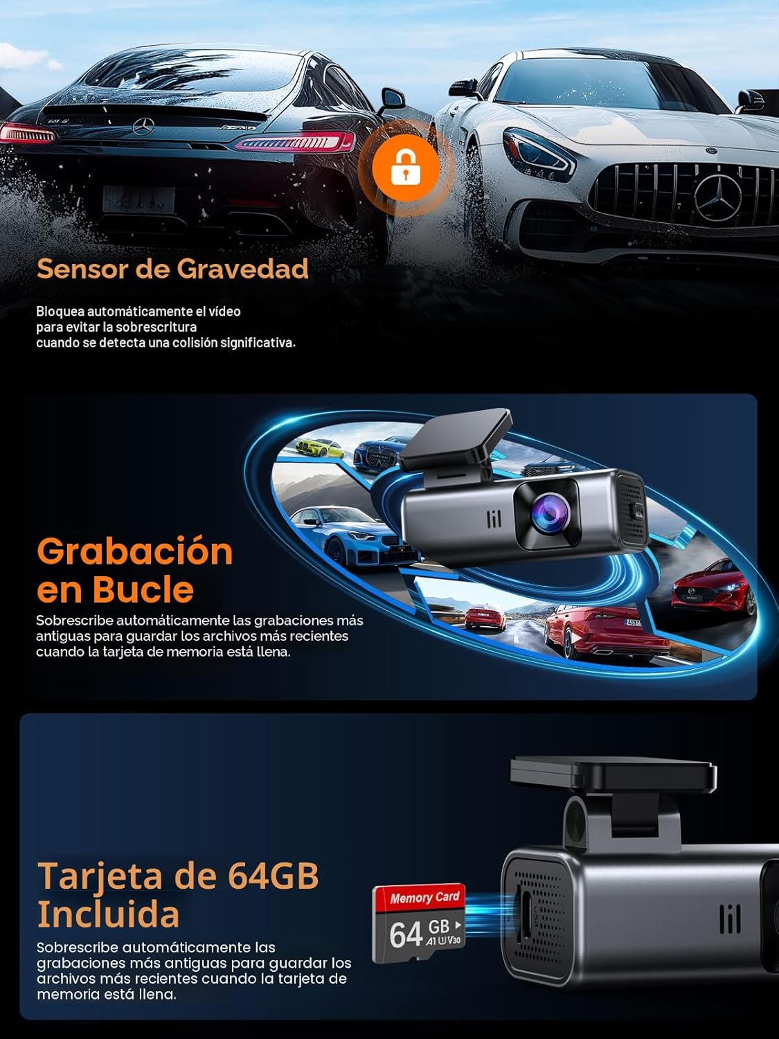 galphi Cámara frontal 4K, WiFi 5G integrado, tarjeta de 64 GB incluida, cámara de tablero para automóviles, mini cámara de tablero con visión súper nocturna, grabación en bucle, sensor G, monitor de