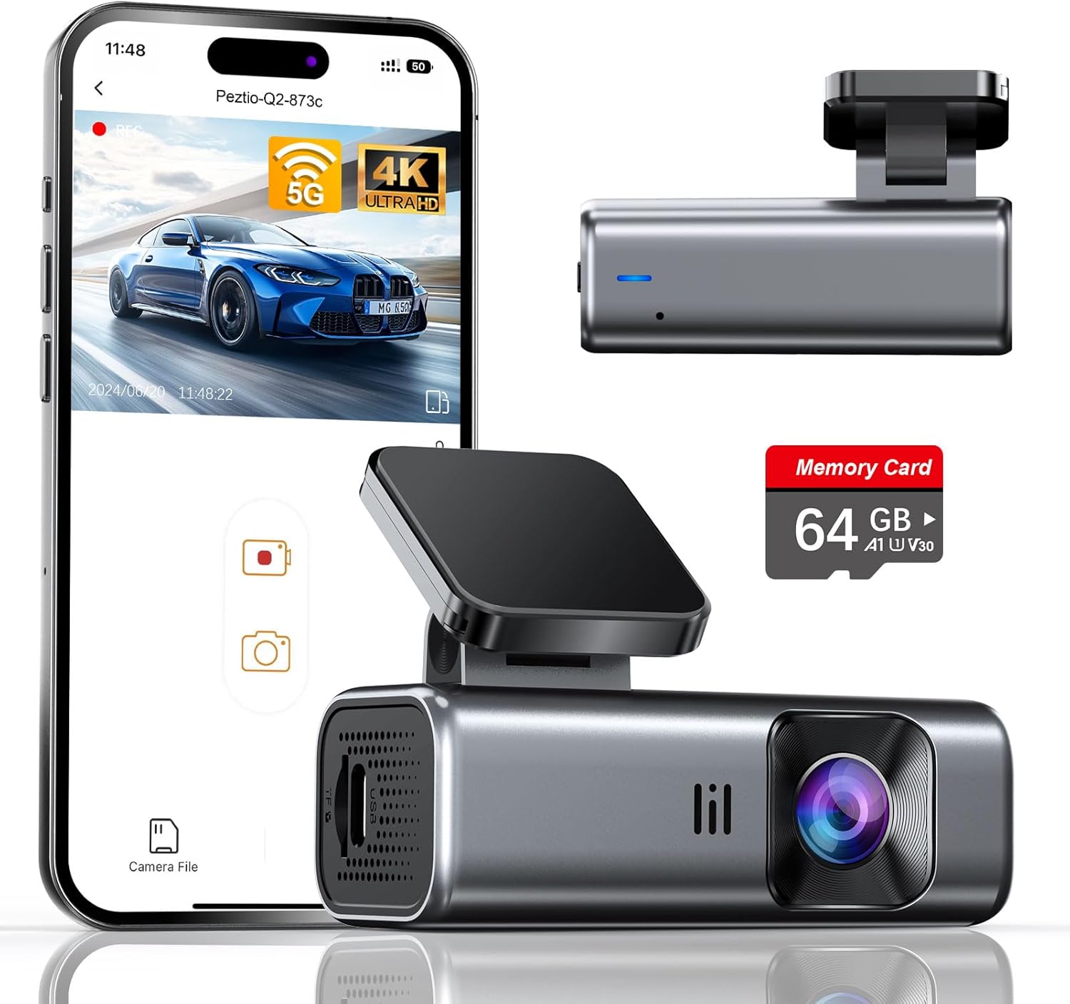 galphi Cámara frontal 4K, WiFi 5G integrado, tarjeta de 64 GB incluida, cámara de tablero para automóviles, mini cámara de tablero con visión súper nocturna, grabación en bucle, sensor G, monitor de