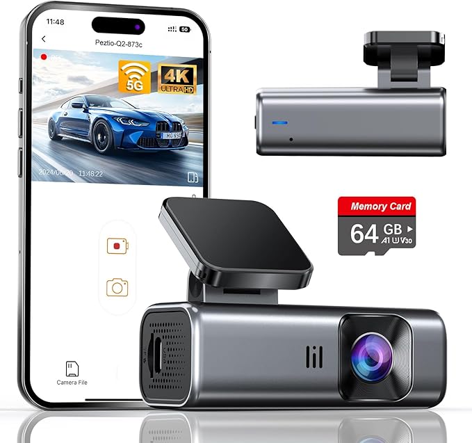 galphi Cámara frontal 4K, WiFi 5G integrado, tarjeta de 64 GB incluida, cámara de tablero para automóviles, mini cámara de tablero con visión súper nocturna, grabación en bucle, sensor G, monitor de