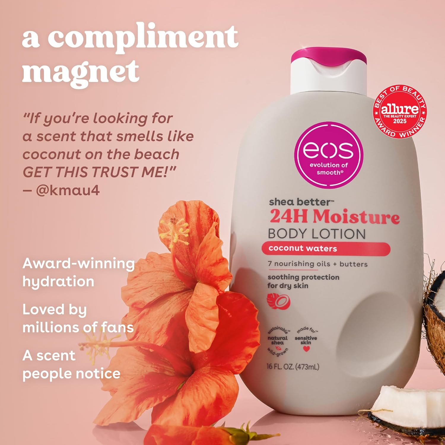 eos Shea Better Loción corporal Coconut Waters, cuidado de la piel con humedad las 24 horas, ligera y no grasosa, karité natural, vegano, loción corporal de coco, 16 onzas líquidas