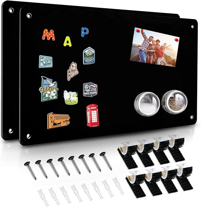 Paquete de 2 tableros magnéticos negros, 17.5 x 11.4 pulgadas, tablón magnético para mostrar notas magnéticas, poesía, fotos, adecuado para pared, refrigerador, gabinete, etc., viene con 8 piezas de