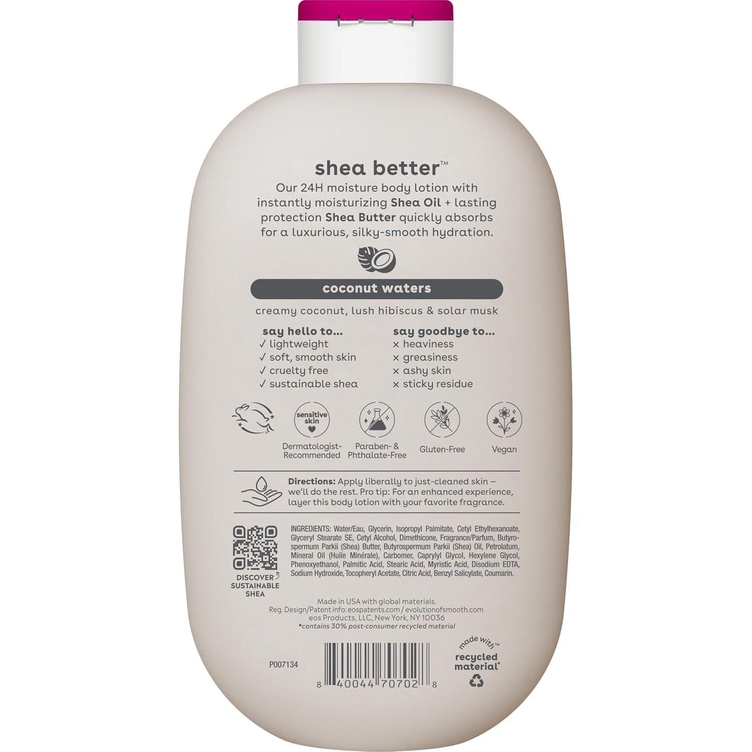 eos Shea Better Loción corporal Coconut Waters, cuidado de la piel con humedad las 24 horas, ligera y no grasosa, karité natural, vegano, loción corporal de coco, 16 onzas líquidas