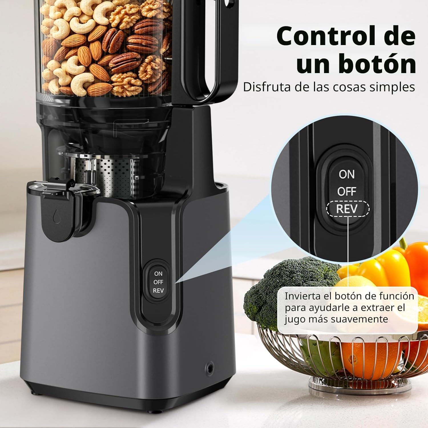 Máquinas exprimidoras con canal de alimentación grande de 5.8 pulgadas, exprimidor de prensa en frío para verduras y frutas enteras de 400 W, exprimidor de masticación lenta Máquina extractora de jugo
