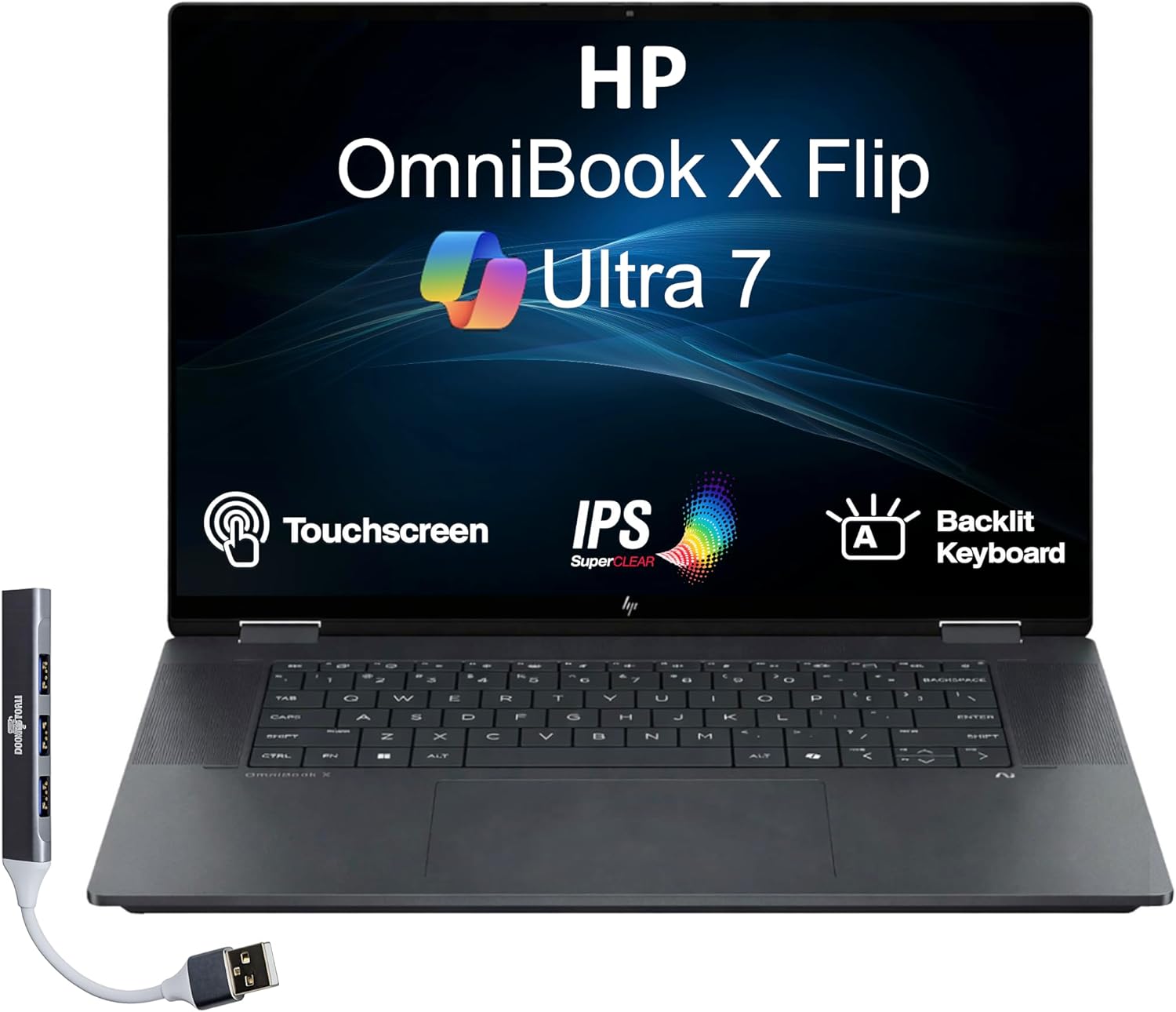 HP OmniBook X Flip AI Powered 2-in-1 Copilot+ Laptop (NextGen Envy x360) 16.0" Touch IPS WUXGA (Intel Ultra 7-258V, 32GB LPDDR5X, 2TB SSD, Backlit KB, Thunderbolt 4, Win11P) w/DKZ USB Port Expander