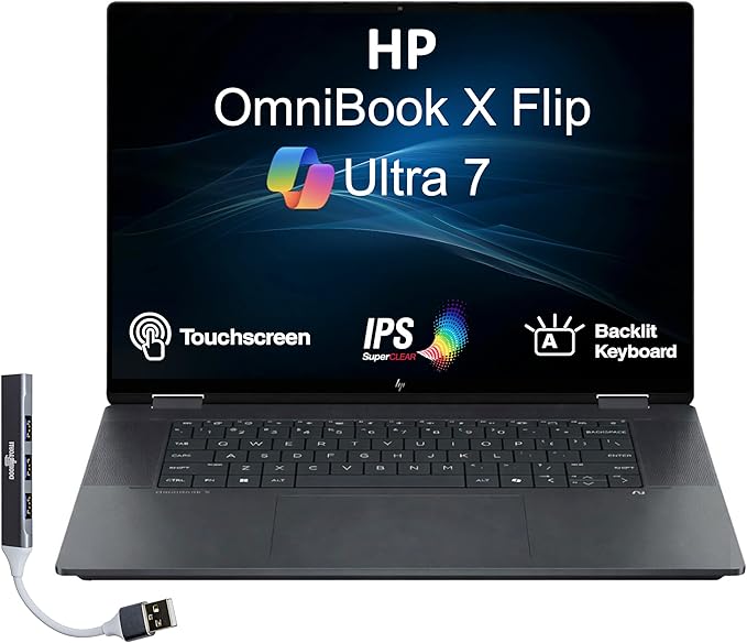 HP OmniBook X Flip AI Powered 2-in-1 Copilot+ Laptop (NextGen Envy x360) 16.0" Touch IPS WUXGA (Intel Ultra 7-258V, 32GB LPDDR5X, 2TB SSD, Backlit KB, Thunderbolt 4, Win11P) w/DKZ USB Port Expander