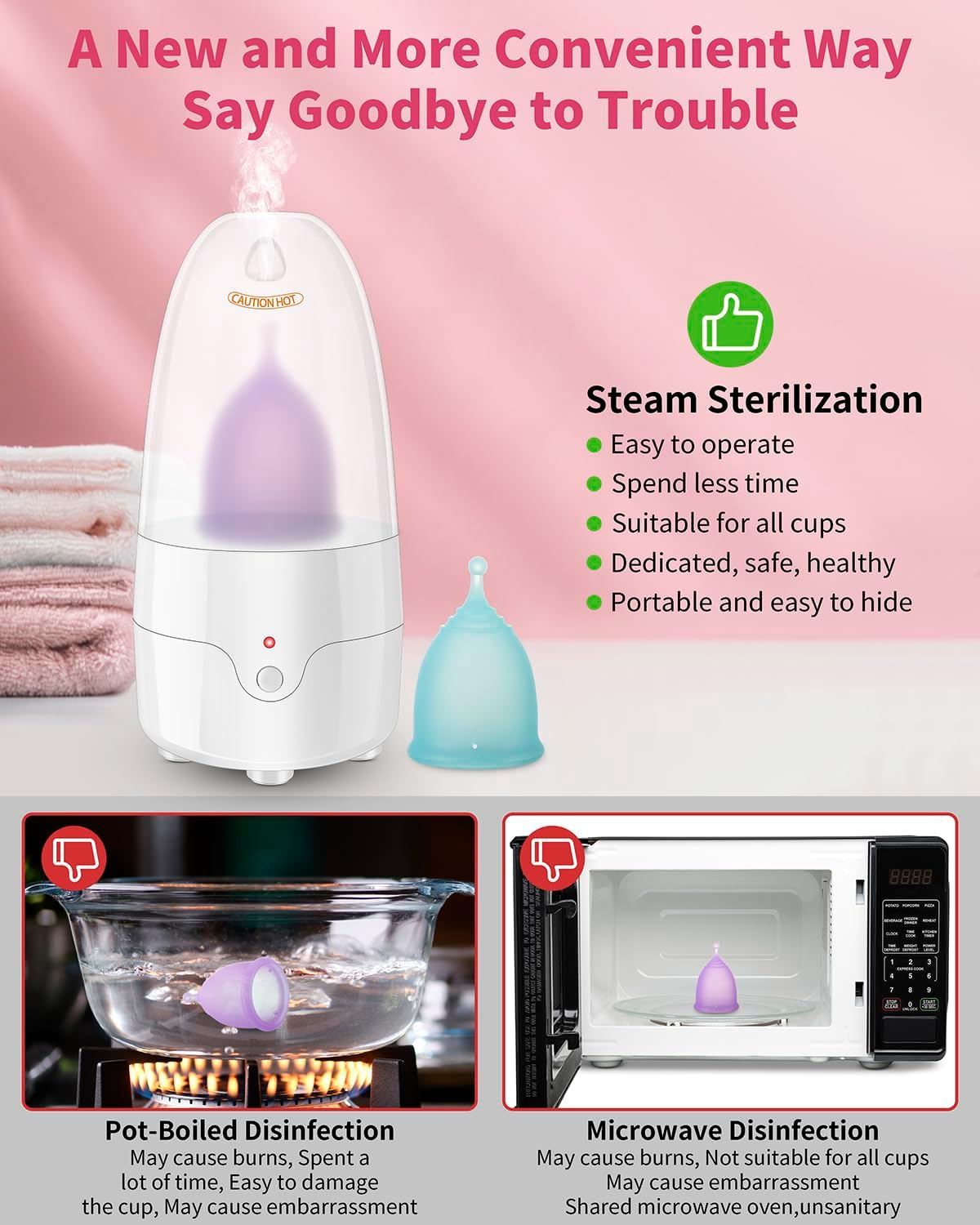Esterilizador de vasos menstruales con 2 copas menstruales reutilizables, kit de lavado limpiador de tazas de período