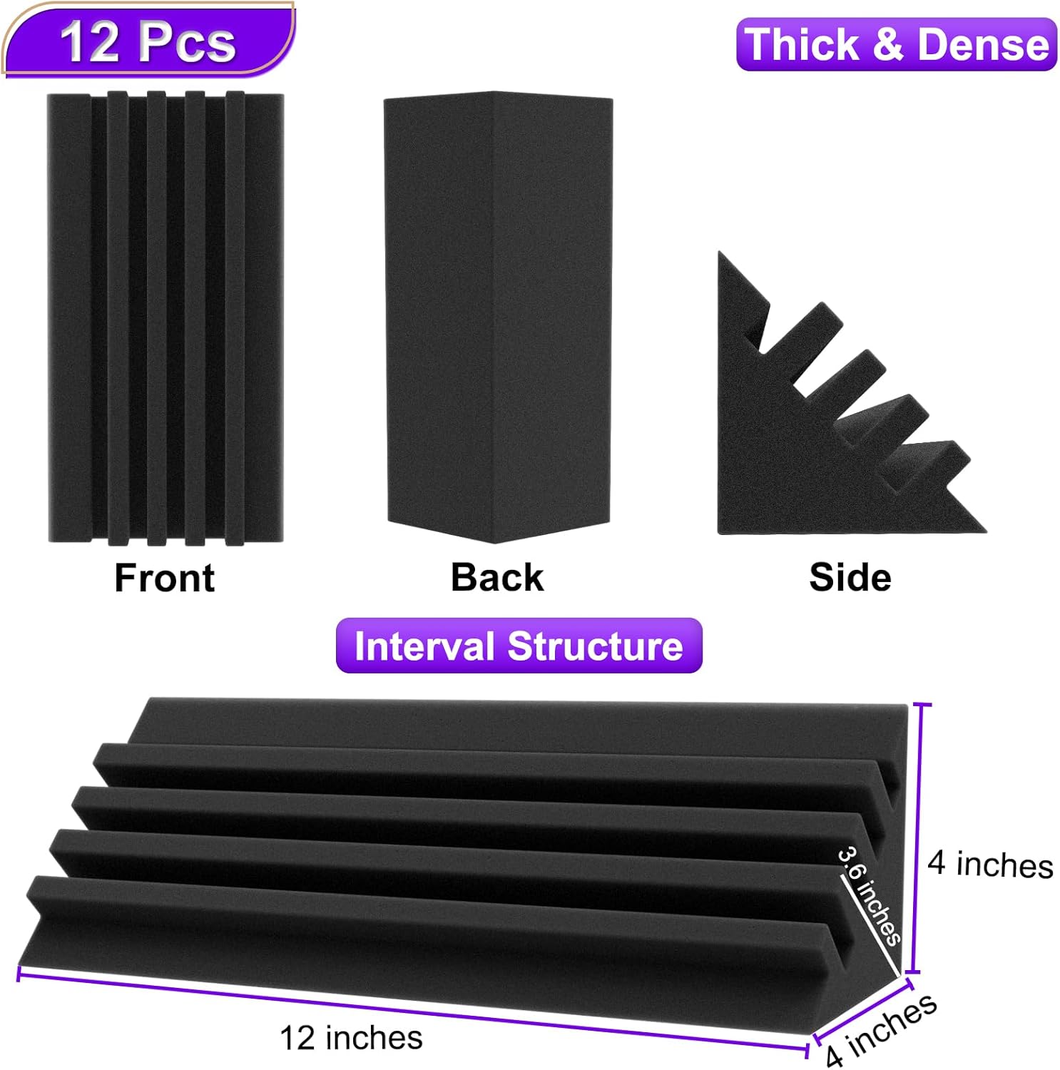 TroyStudio Bass Traps - 12 Pcs 4 X 4 X 12 Inches Dense Thick Studio Bass Foam Corner, Acoustic Treatment Panel Absorbing Echo Reverb, Low Frequency Sound Absorber for Music Room Home Recording Studio