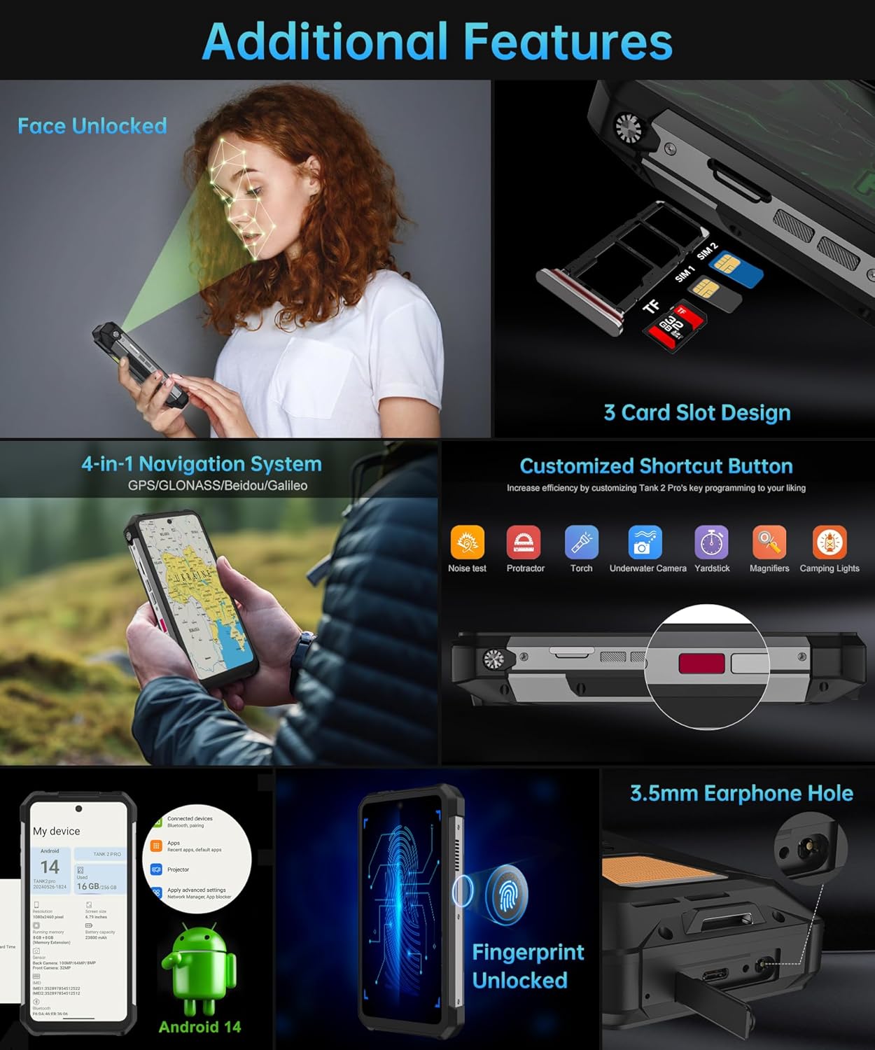 8849 Tank 2 Pro Rugged Smartphone Unlocked, 24+512GB/1TB Android 14 Rugged Cell Phone with Projector, 6.79’’ 4G Waterproof Mobile Phones 23800mAh, Fingerprint/Dual Sim/OTG/GPS/Face ID