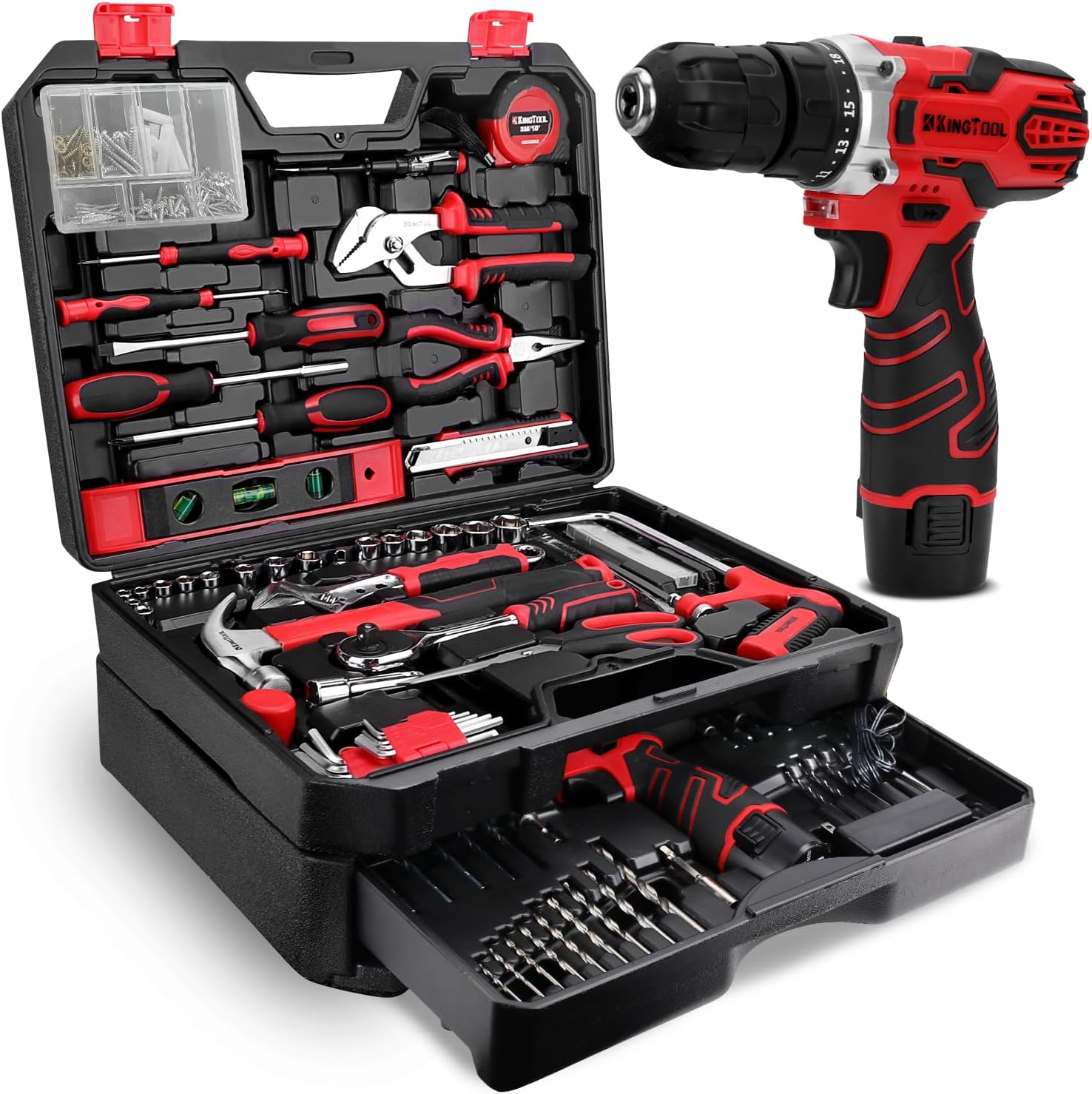 KingTool Juego de herramientas de 276 piezas – Kit de herramientas con taladro eléctrico inalámbrico de 12 V, caja de herramientas con cajón, juego de taladros perfecto para propietarios de viviendas, bricolaje, manitas