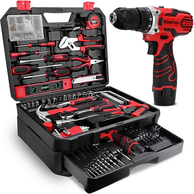 KingTool Juego de herramientas de 276 piezas – Kit de herramientas con taladro eléctrico inalámbrico de 12 V, caja de herramientas con cajón, juego de taladros perfecto para propietarios de viviendas, bricolaje, manitas