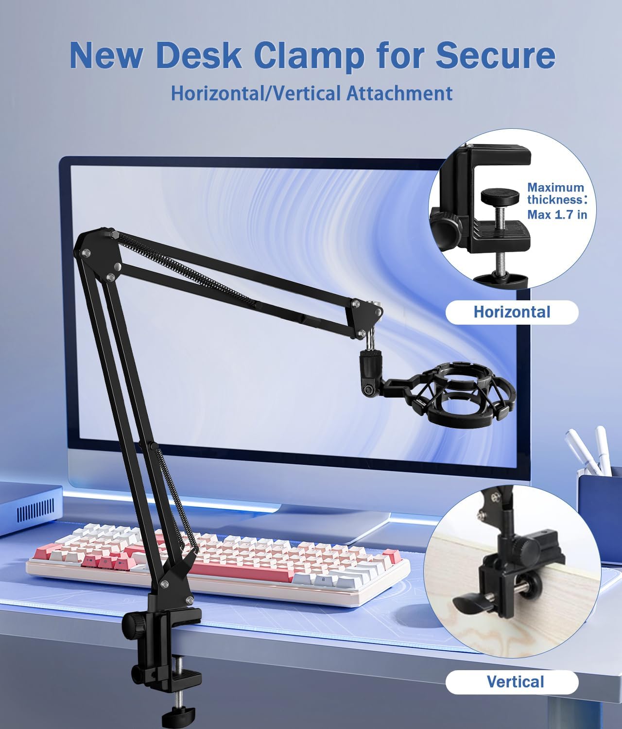 BILIONE Soporte de micrófono, soporte de brazo de micrófono para Blue Yeti QuadCast S SoloCast Snowball AM8 y otros micrófonos, con filtro pop montaje de choque clip para micrófono, bridas para cables