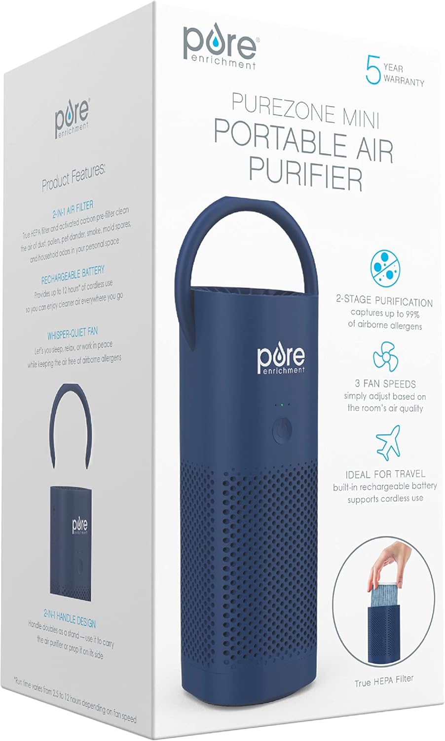 Pure Enrichment® PureZone™ - Minipurificador de aire portátil, filtro True HEPA inalámbrico que limpia el aire y elimina el 99.97 % del polvo, olores y alérgenos cercanos, para autos u oficina (azul)