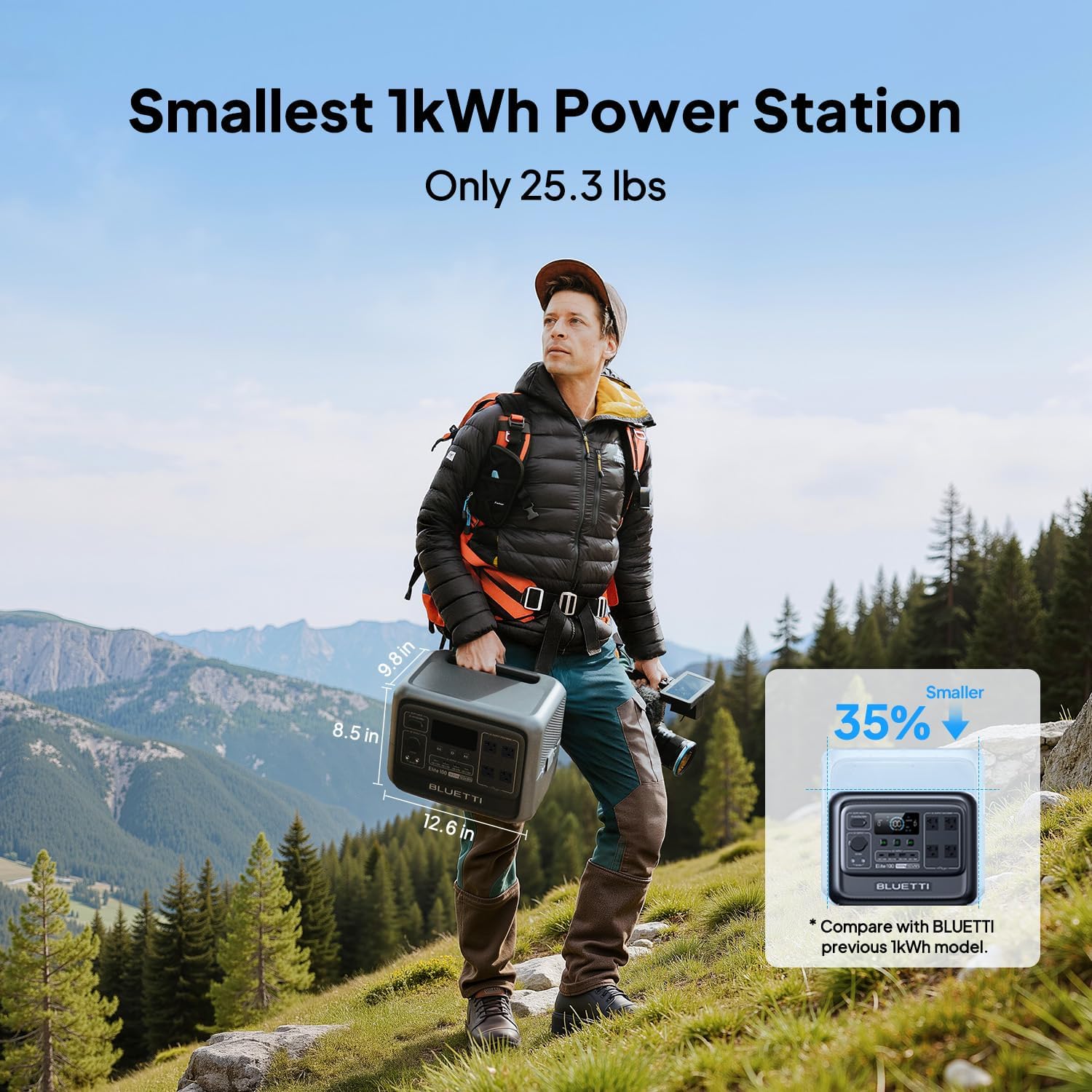 BLUETTI Elite 100 V2 Estación de Energía Portátil (2025 Nueva), Batería de Respaldo LiFePO4 de 1024Wh con 4 Tomas de CA de 1800W (3600W Pico), 35% Más Pequeña, Generador Solar para Camping