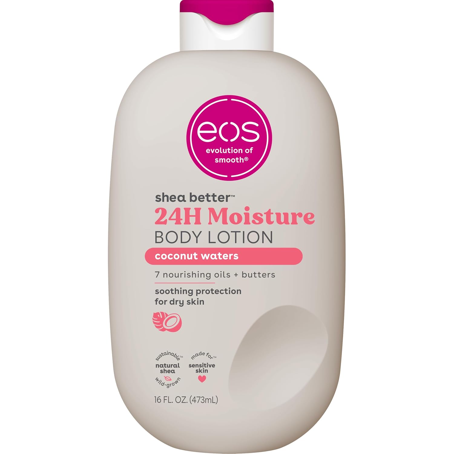 eos Shea Better Loción corporal Coconut Waters, cuidado de la piel con humedad las 24 horas, ligera y no grasosa, karité natural, vegano, loción corporal de coco, 16 onzas líquidas