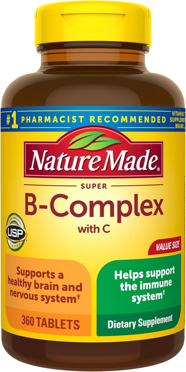 Nature Made Complejo Super B con vitamina C y ácido fólico, vitaminas del complejo B para mujeres y hombres, suplemento dietético para apoyo inmunológico, 360 tabletas, suministro para 360 días