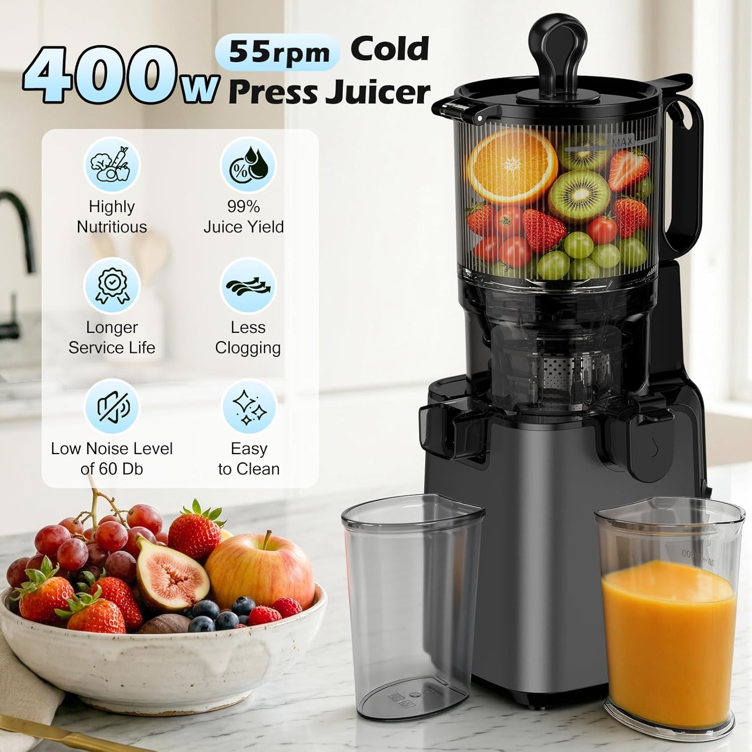 Máquinas exprimidoras con canal de alimentación grande de 5.8 pulgadas, exprimidor de prensa en frío para verduras y frutas enteras de 400 W, exprimidor de masticación lenta Máquina extractora de jugo