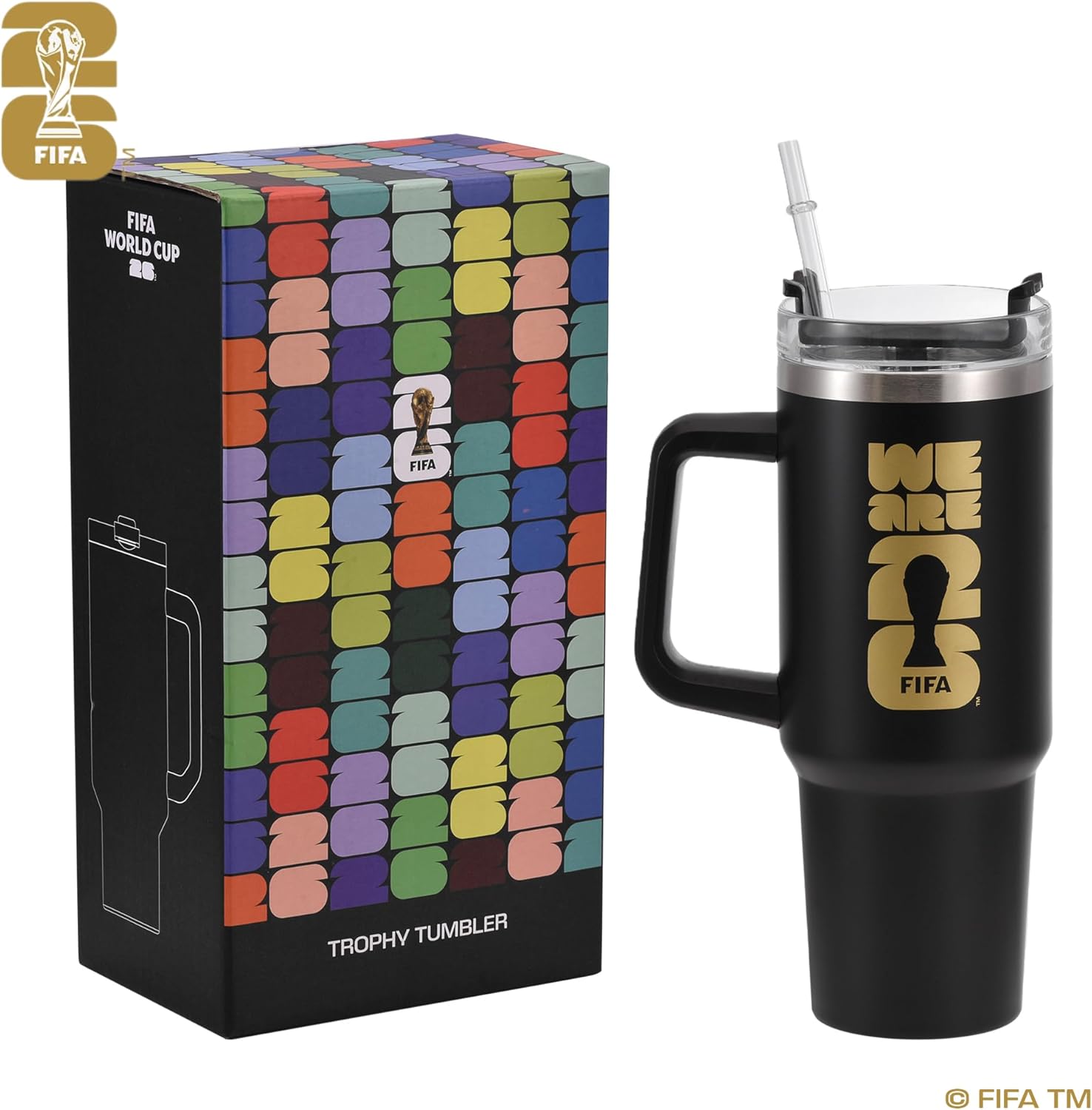 Copa Mundial Oficial de la FIFA Edición 2026 – Vaso doble aislado de 30 onzas con asa y popote – Acero inoxidable de alta calidad – Lavar a mano – Mantiene las bebidas calientes 12 horas/frías 24 horas – Negro