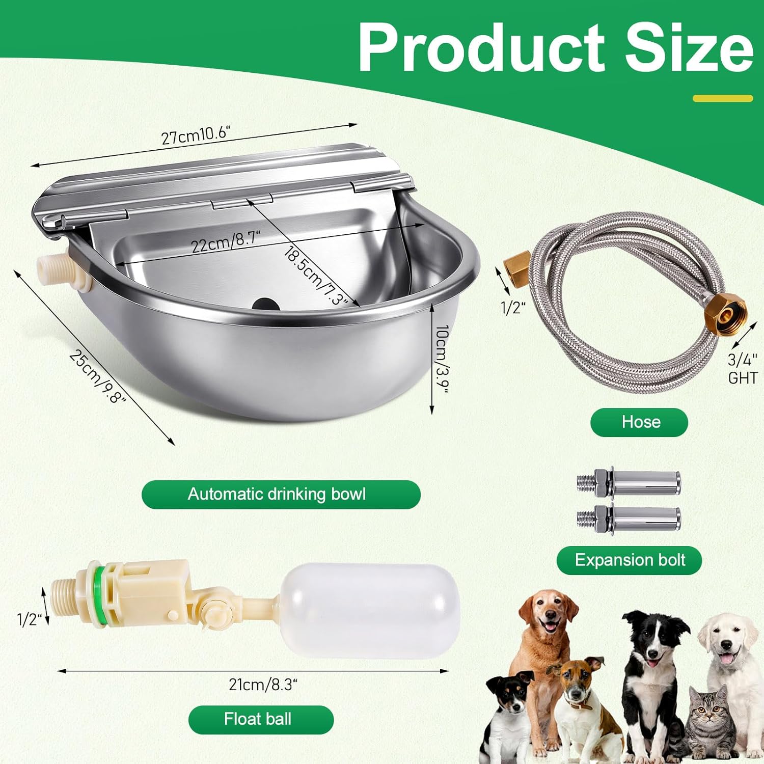 Dispensador automático de agua de metal para perros, bebedero de acero inoxidable resistente para exteriores, alimentador de agua para animales autolenado para perros y gatos con flotador y