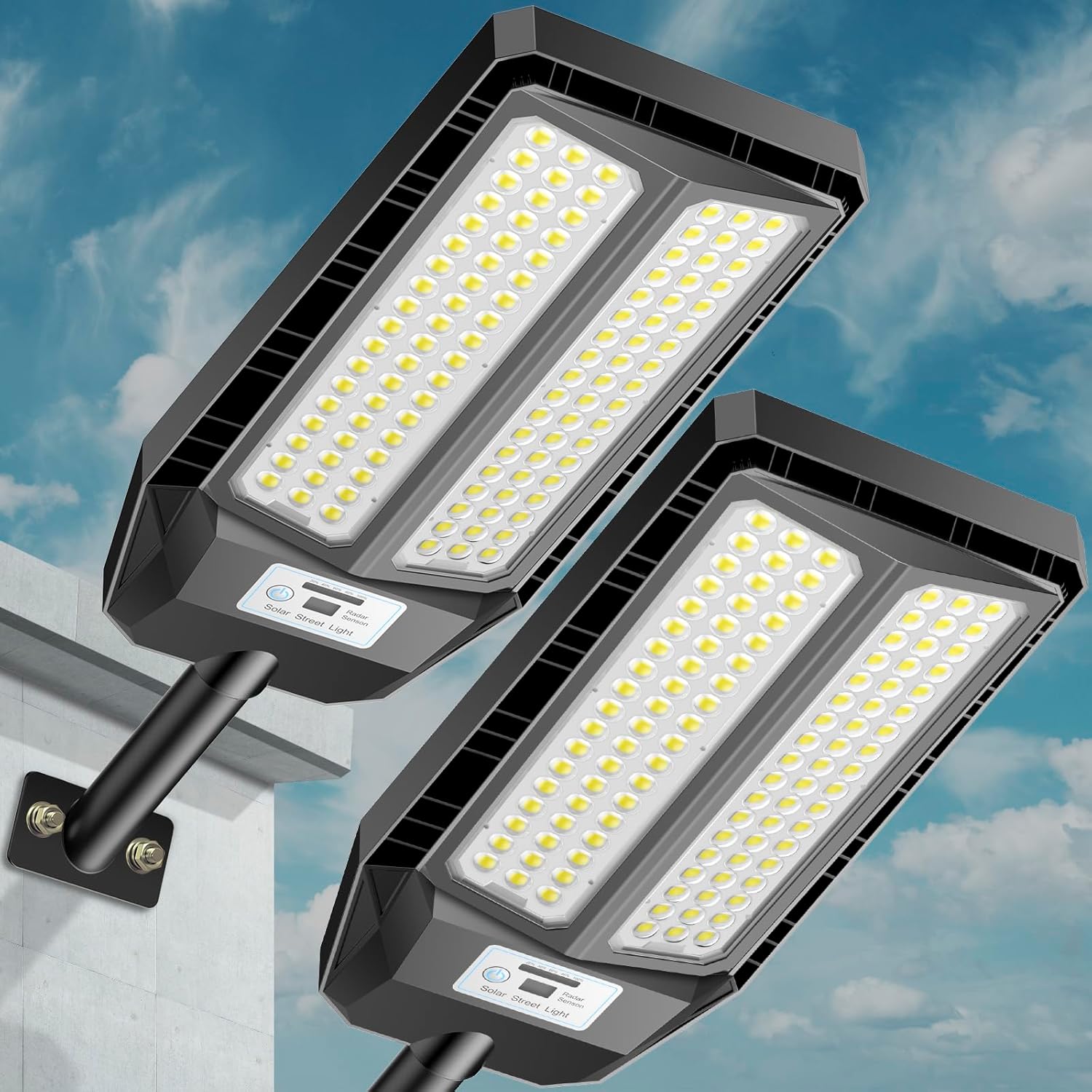 VOOJOY Solar Street Lights Outdoor, 7000K Solar Light Outdoor LED Street Light Dusk to Dawn, LED Wide Angle Lamp with Motion Sensor and Remote Control, for Parking Lot, Yard, 5000W, 2 Pack