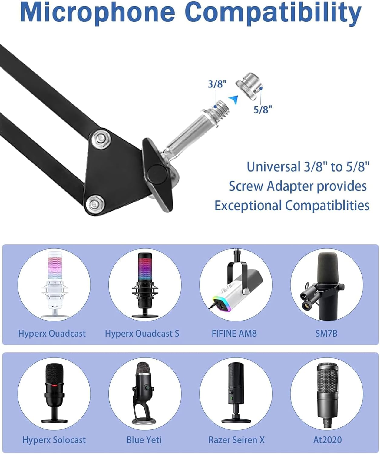 BILIONE Soporte de micrófono, soporte de brazo de micrófono para Blue Yeti QuadCast S SoloCast Snowball AM8 y otros micrófonos, con filtro pop montaje de choque clip para micrófono, bridas para cables