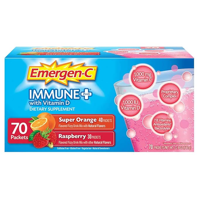 Emergen-C Immune+ System Support Dietary Supplement Drink Mix With Vitamin D, 1000mg Vitamin C - 70 packets (30 - Raspberry Flavor, 40 - Super Orange Flavor)