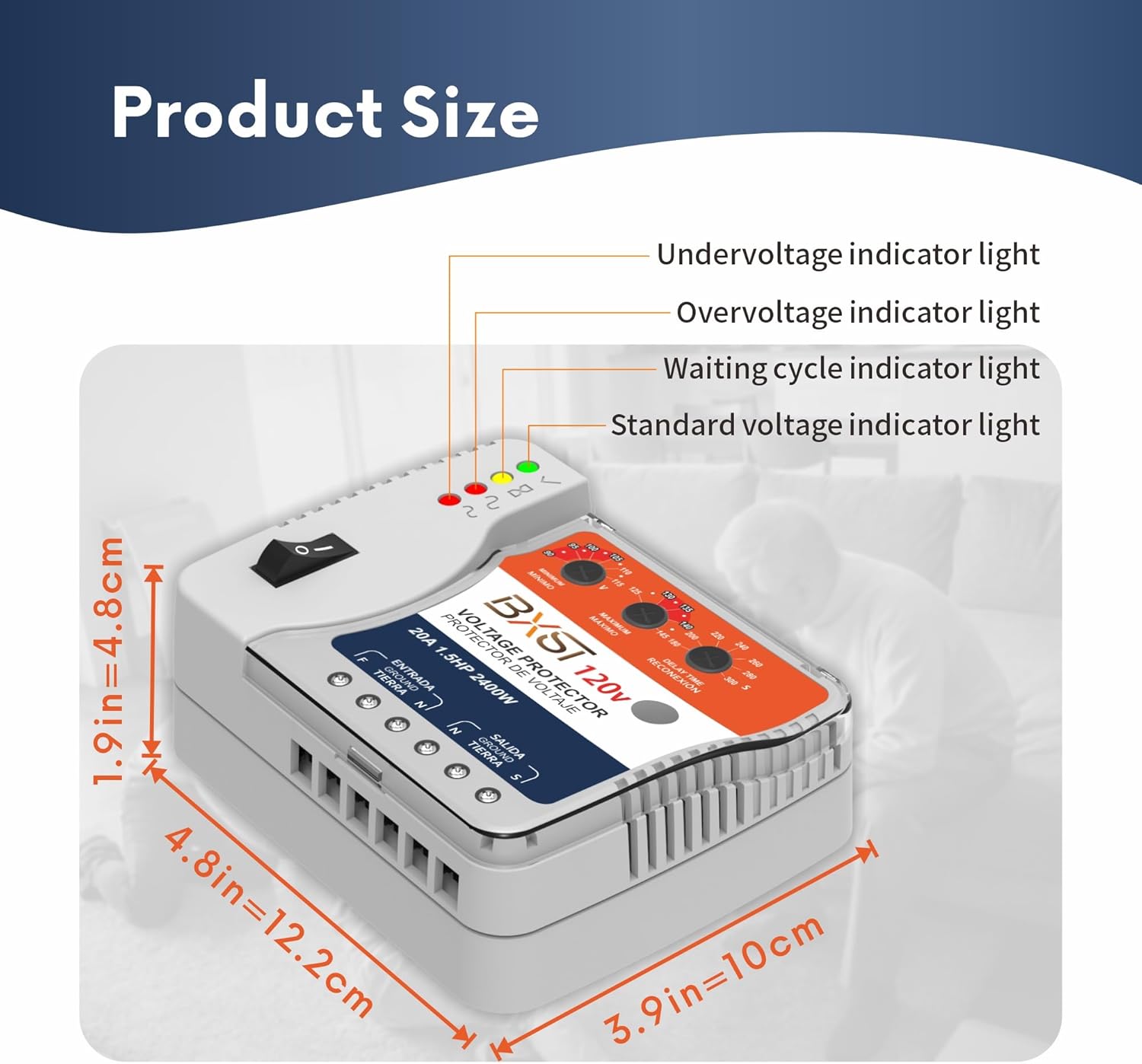 BXST Protector de sobretensión, regulador de voltaje de 20A, salida de protección contra sobretensiones de cableado resistente para refrigerador, TV, computadora y electrodomésticos, ajustable