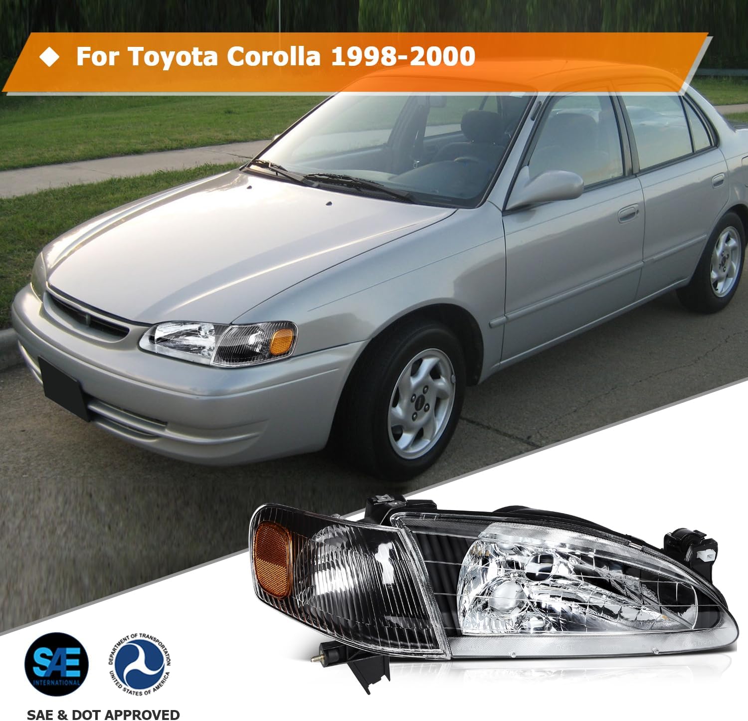 Conjunto de faro delantero para Corolla 1998-2000 lente transparente carcasa negra reflector ámbar conductor y lado del pasajero